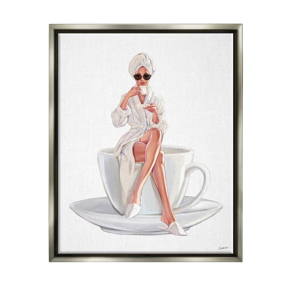 Stupell Industries Morning Coffee Glam Woman Robe Graphic Art Luster Gray Floating Framed Canvas Print Wall Art, Design by Ziwei Li
