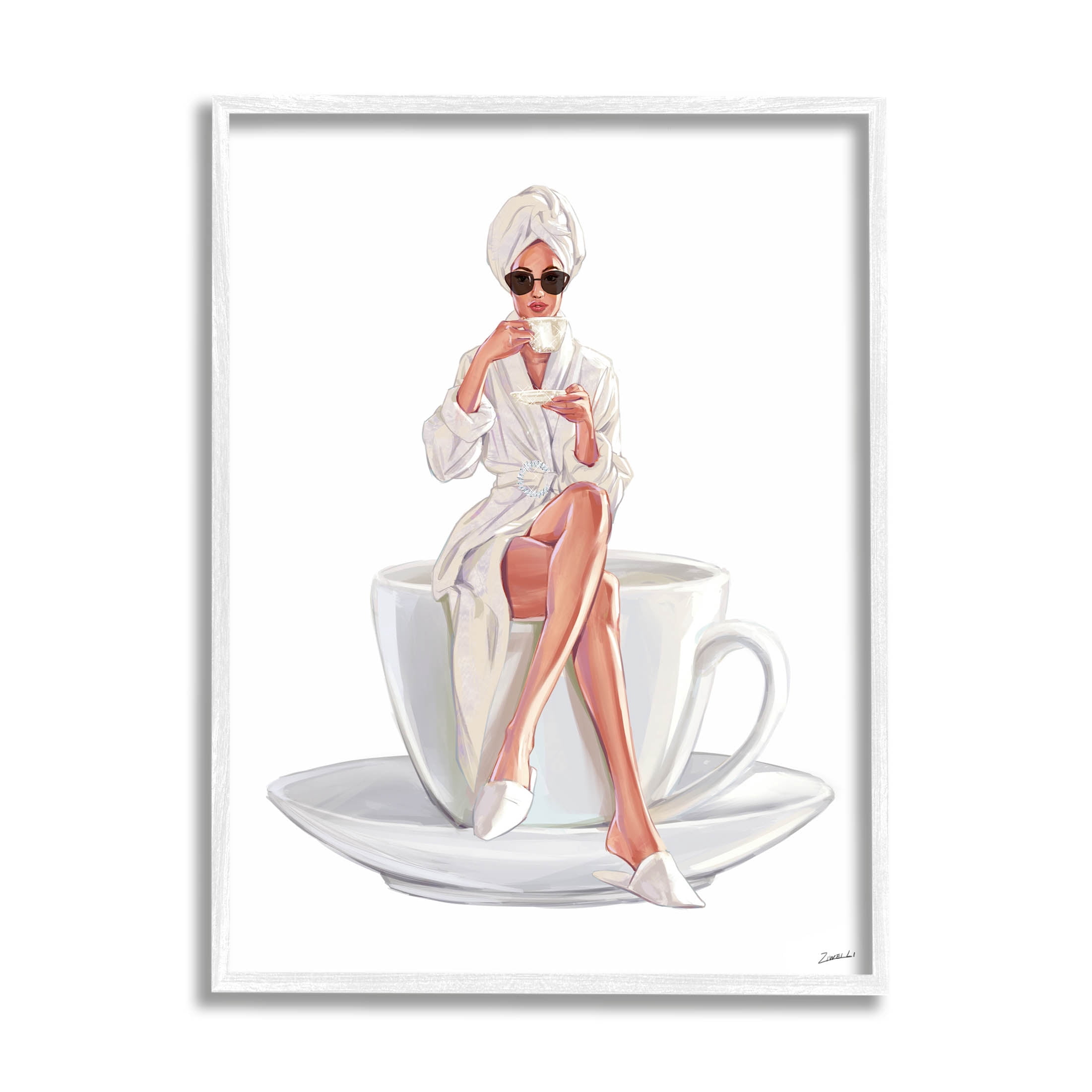 Stupell Industries Morning Coffee Glam Woman Robe Graphic Art White Framed Art Print Wall Art, Design by Ziwei Li