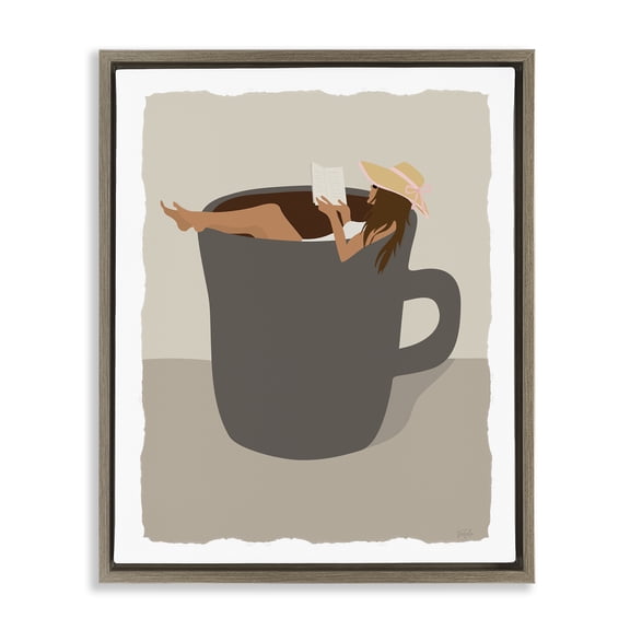 Stupell Industries Morning Coffee & Woman Food & Beverage Painting Brown Floater Framed Canvas Art Print Wall Art, 17 x 21