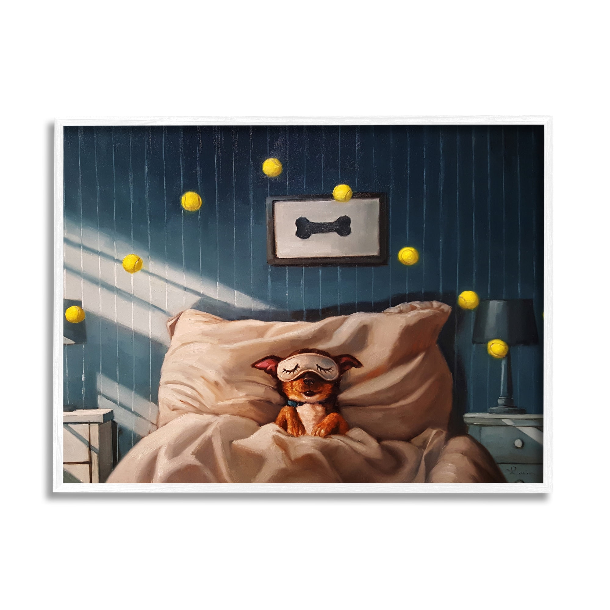 Stupell Industries Morning Dog Sleeping Eye Mask Bouncing Tennis Balls Framed Wall Art, 20 x 16, Design by Lucia Heffernan
