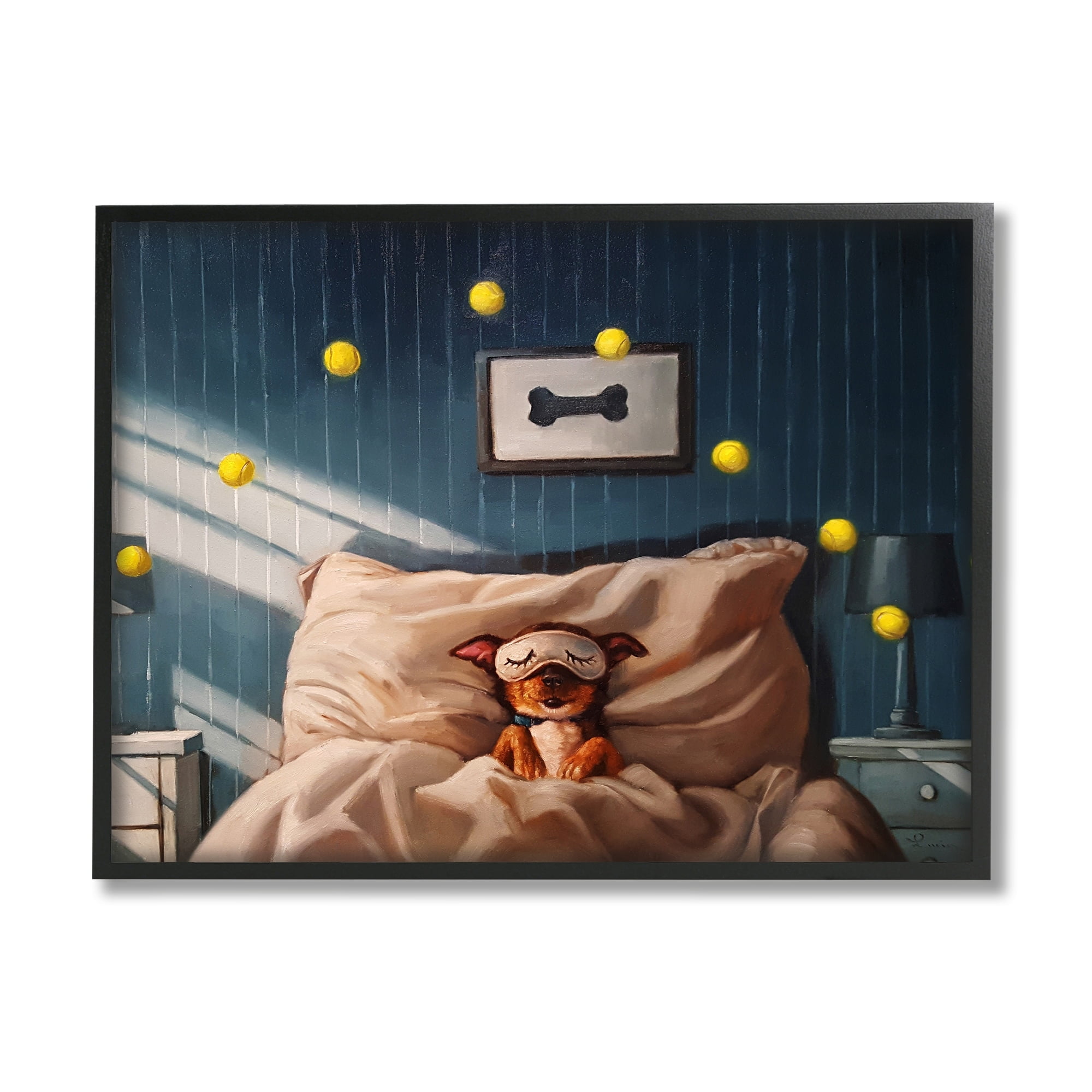 Stupell Industries Morning Dog Sleeping Eye Mask Bouncing Tennis Balls Framed Wall Art, 20 x 16, Design by Lucia Heffernan