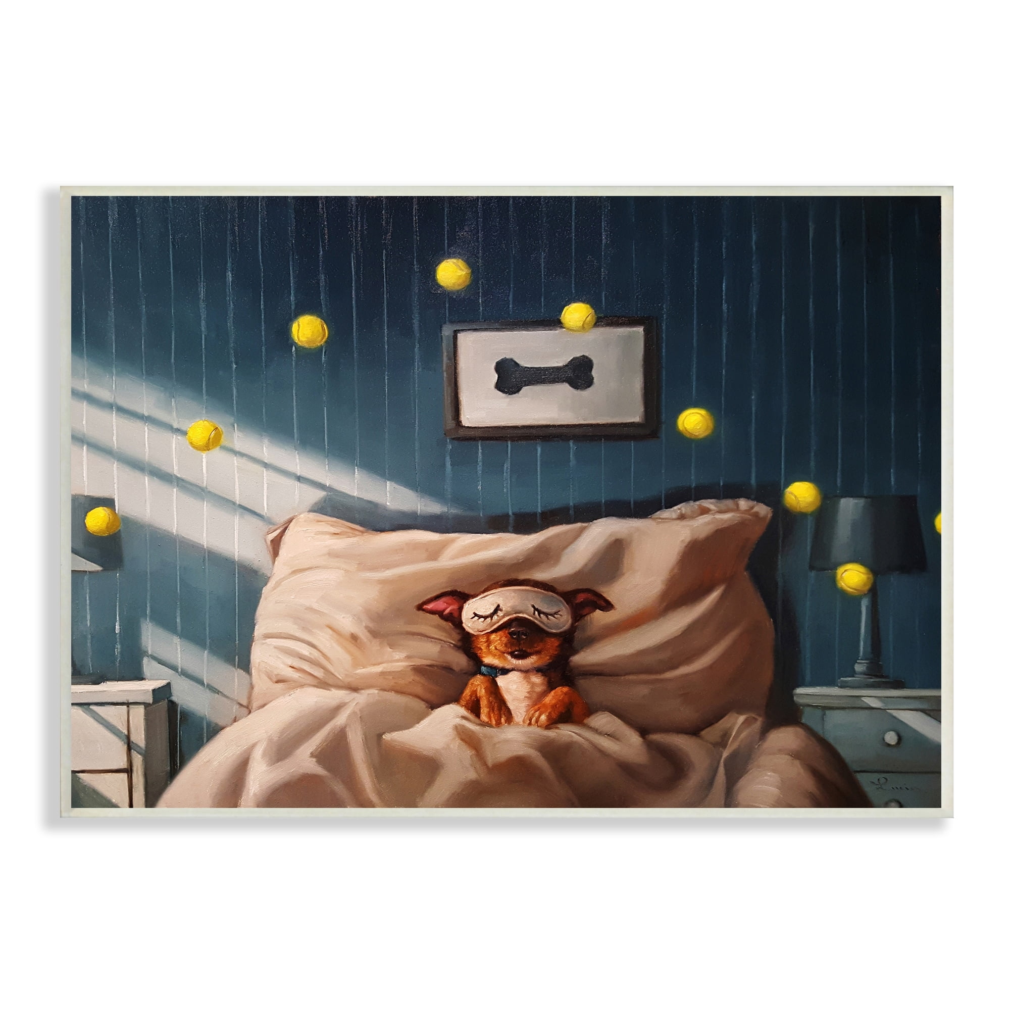 Stupell Industries Morning Dog Sleeping Eye Mask Bouncing Tennis Balls Wood Wall Art, 19 x 13, Design by Lucia Heffernan