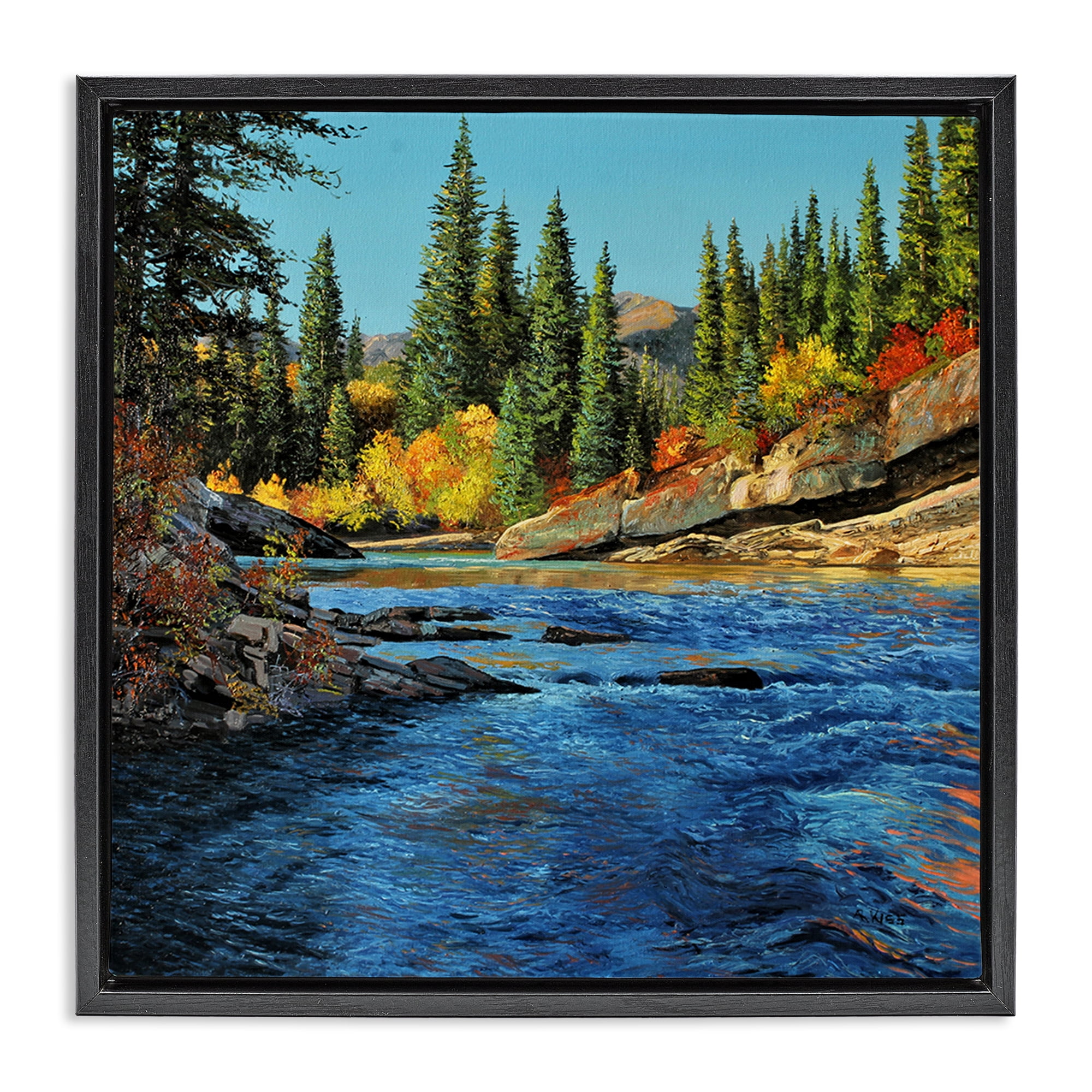 Stupell Industries Morning Rushing River Landscape & Nature Painting Black Floater Framed Canvas Art Print Wall Art, 25 x 25