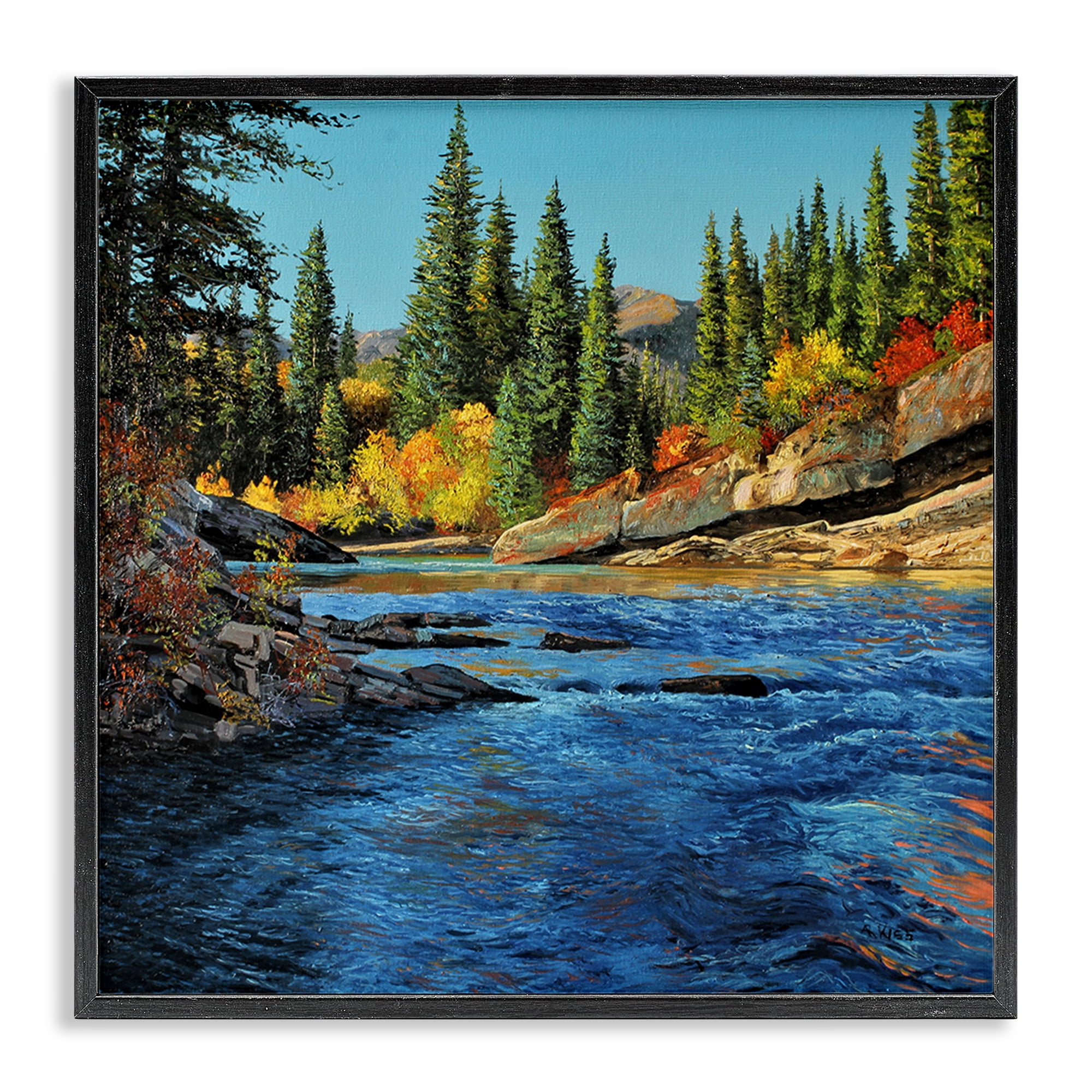 Stupell Industries Morning Rushing River Landscape & Nature Painting Black Framed Art Print Wall Art, 17 x 17