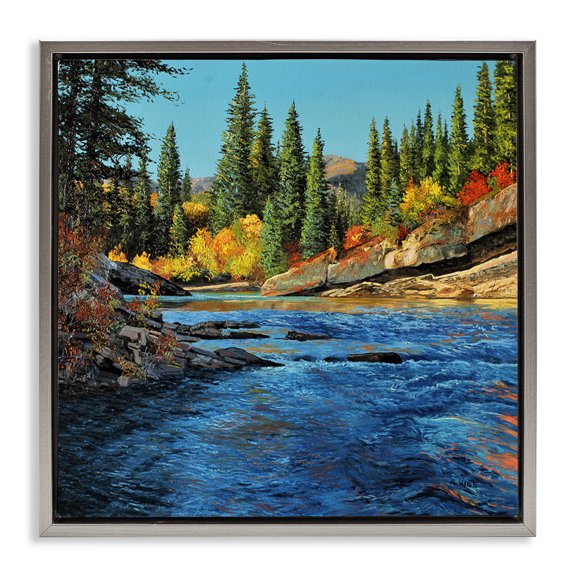 Stupell Industries Morning Rushing River Landscape & Nature Painting Gray Floater Framed Canvas Art Print Wall Art, 18 x 18