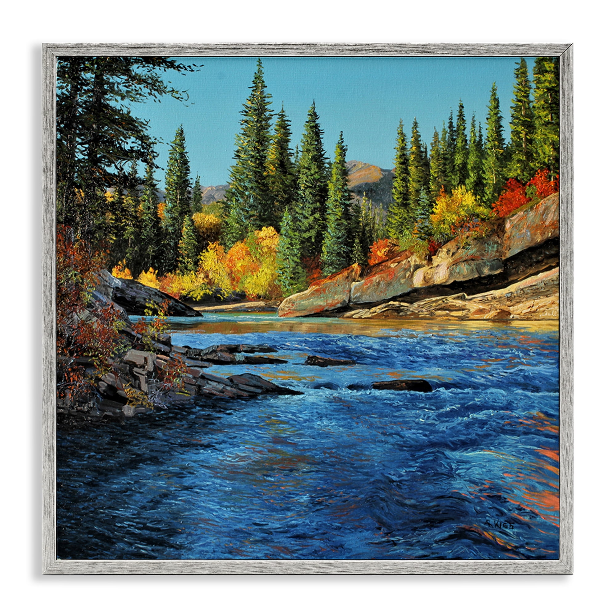 Stupell Industries Morning Rushing River Landscape & Nature Painting Gray Framed Art Print Wall Art, 12 x 12