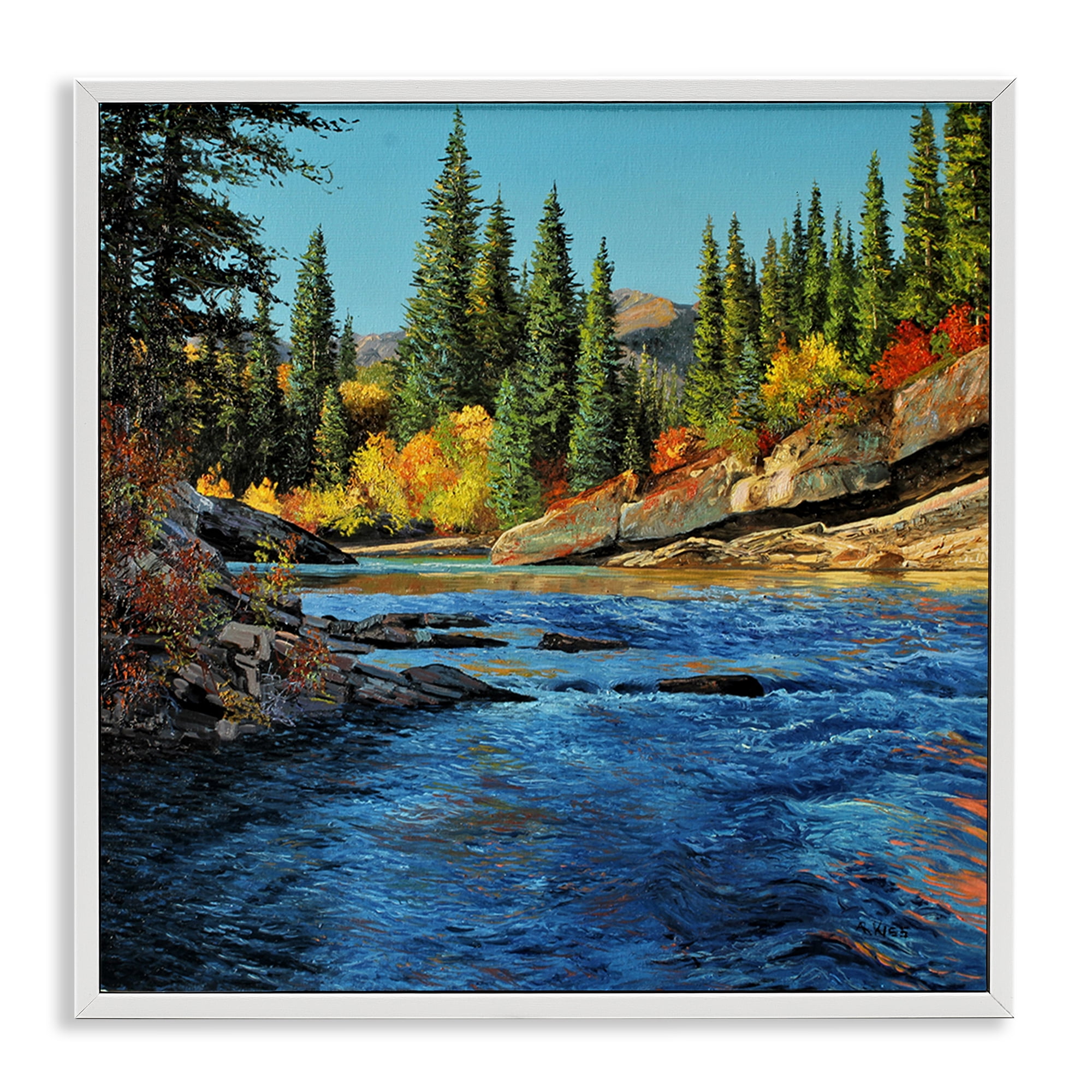 Stupell Industries Morning Rushing River Landscape & Nature Painting White Framed Art Print Wall Art, 17 x 17
