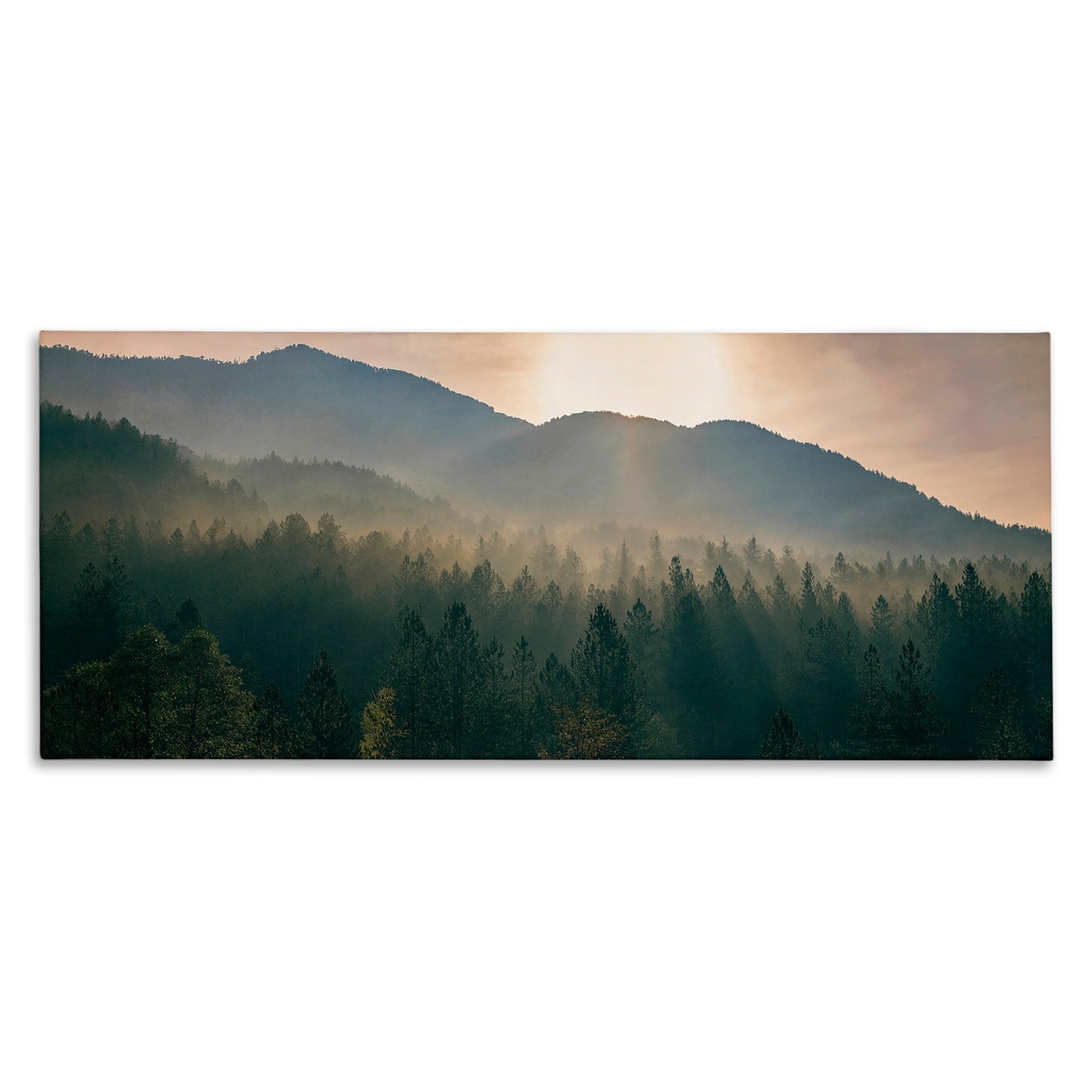 Morning Sun Over Misty Forest Landscape Canvas Print, 17 x 40