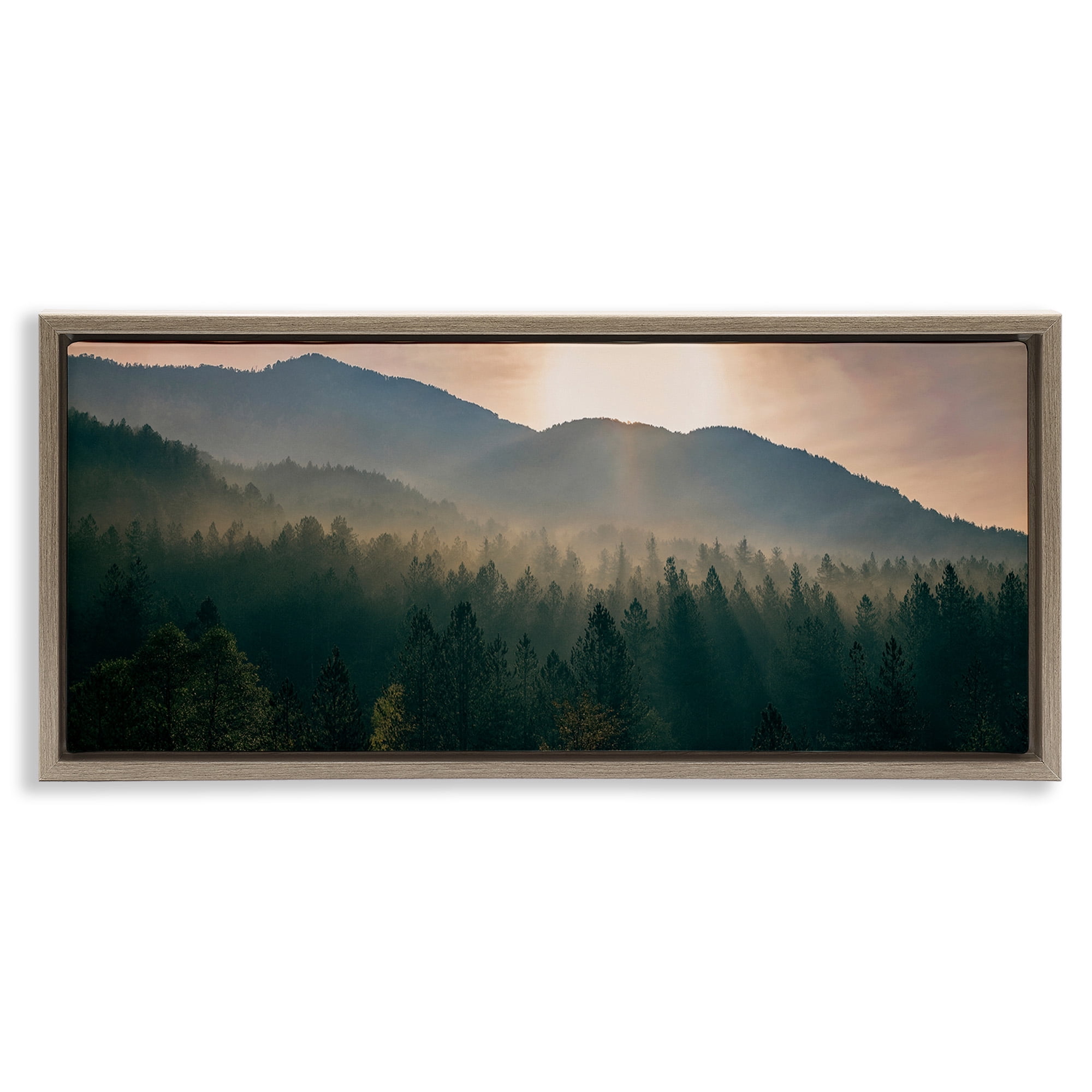 Stupell Industries Morning Sun over Misty Trees Landscape Photography Brown Floater Framed Canvas Art Print Wall Art, 25 x 11