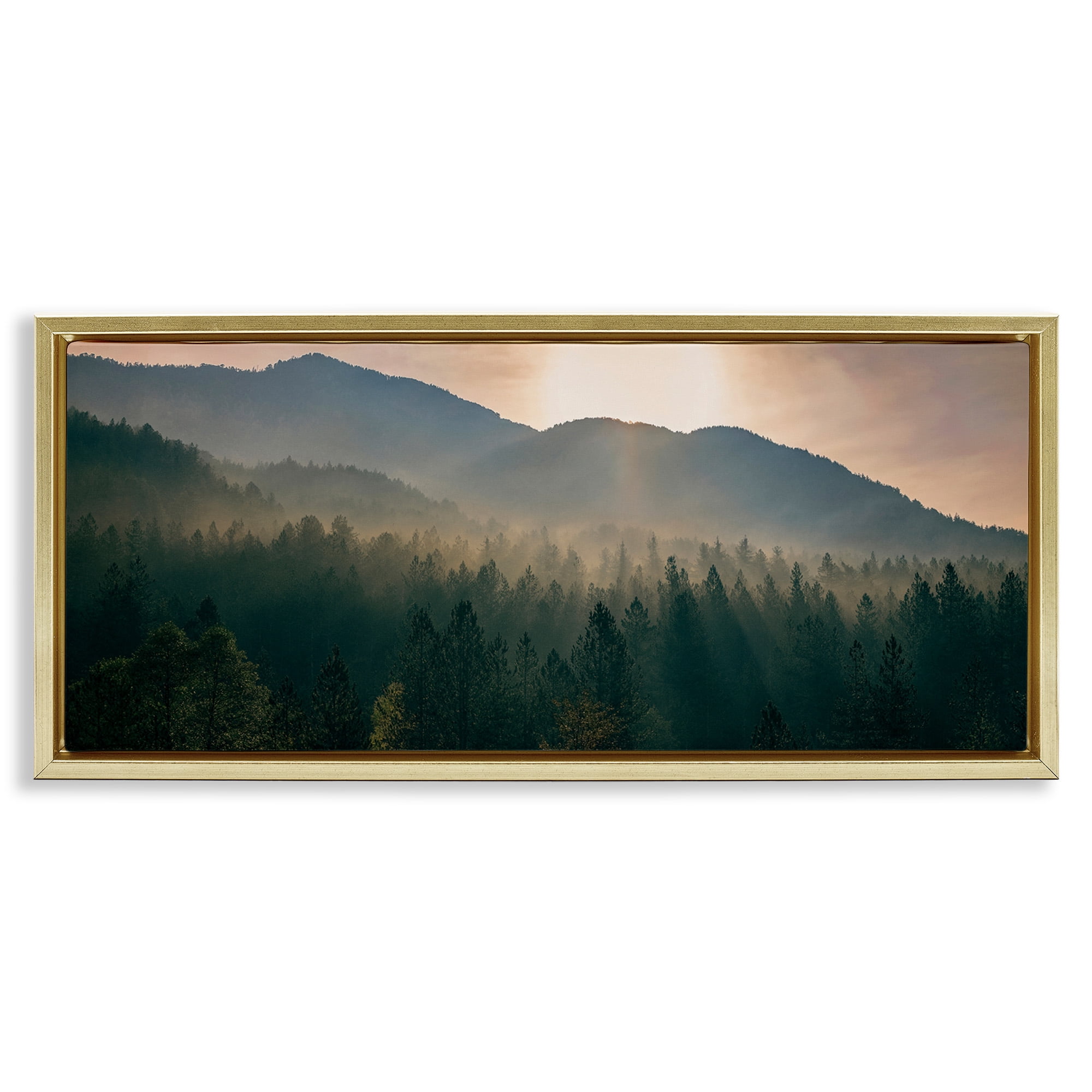 Stupell Industries Morning Sun over Misty Trees Landscape Photography Gold Floater Framed Canvas Art Print Wall Art, 31 x 14