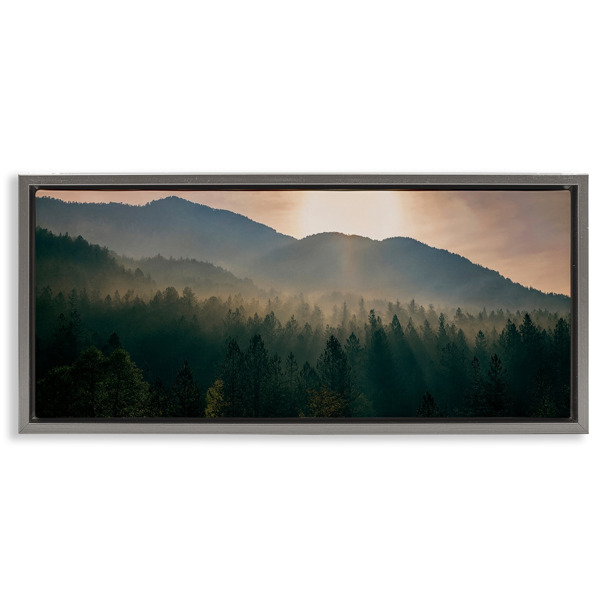 Stupell Industries Morning Sun over Misty Trees Landscape Photography Gray Floater Framed Canvas Art Print Wall Art, 25 x 11