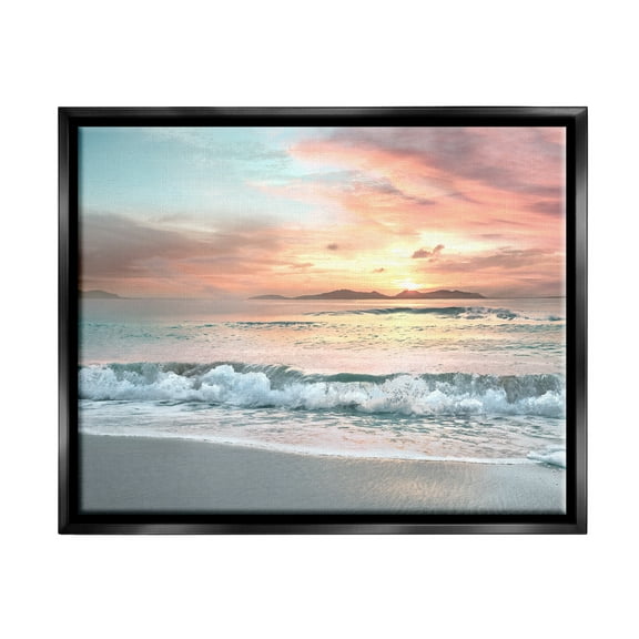 Stupell Industries Morning Sunrise Beach Landscape Distant Mountains Rolling Tide Jet Black Framed Floating Canvas Wall Art, 16x20, by Mike Calascibetta