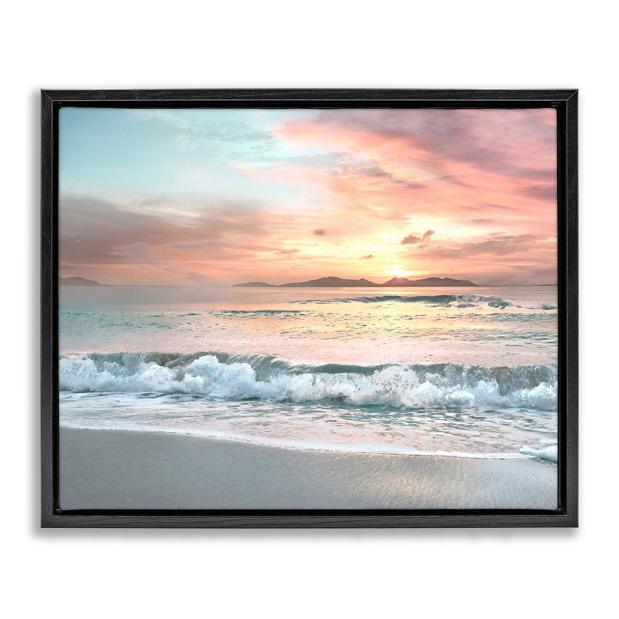 Stupell Industries Morning Sunrise Beach Landscape Distant Mountains Rolling Tide Jet Black Framed Floating Canvas Wall Art, 24x30, by Mike Calascibetta