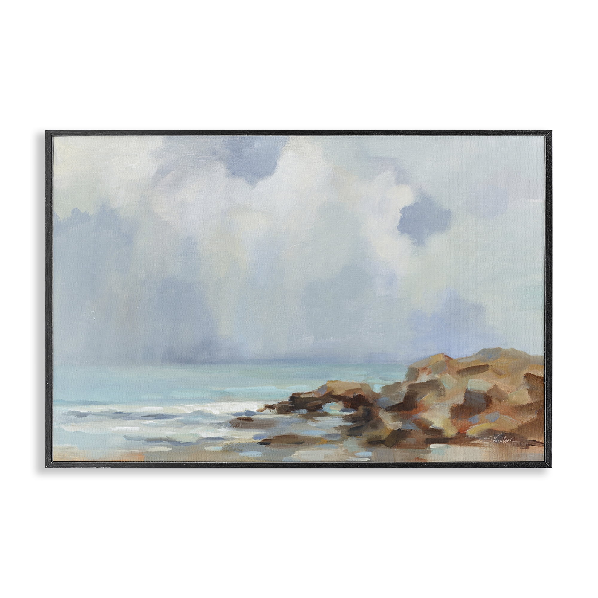 Stupell Industries Morning at Stone Beach Landscape & Nature Painting Black Framed Art Print Wall Art, 24 x 16