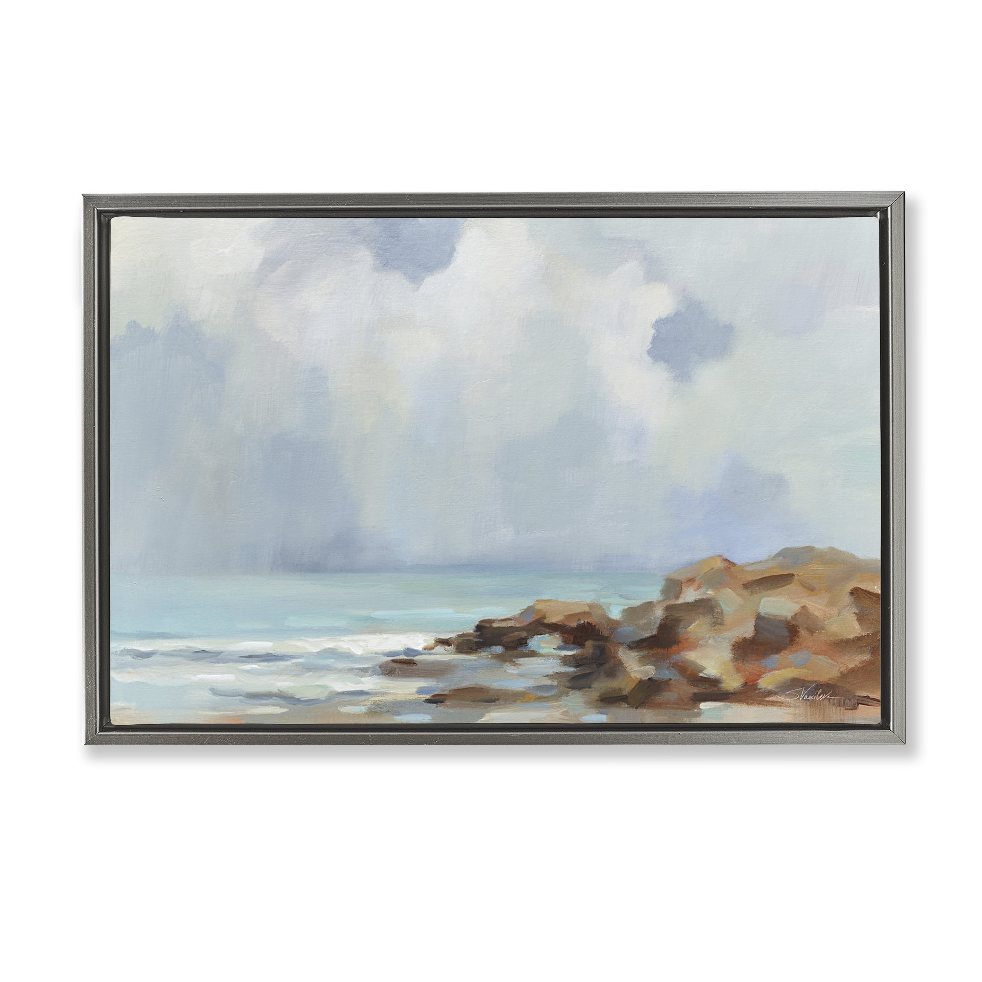 Stupell Industries Morning at Stone Beach Landscape & Nature Painting Gray Floater Framed Canvas Art Print Wall Art, 25 x 17