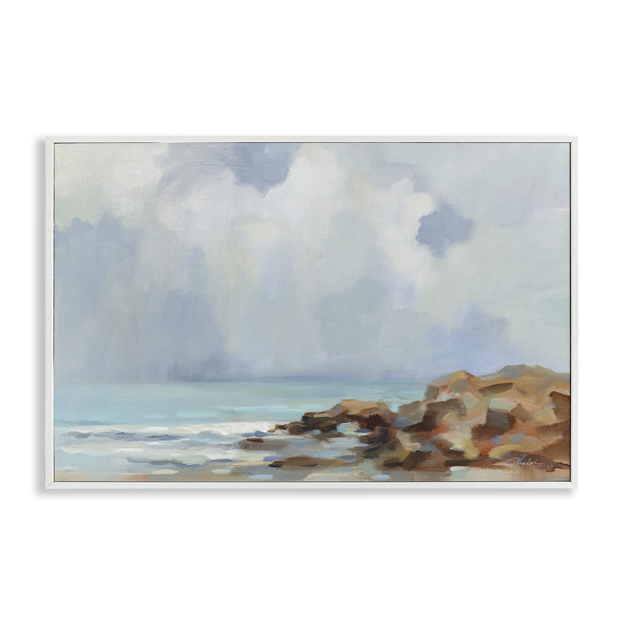 Stupell Industries Morning at Stone Beach Landscape & Nature Painting White Framed Art Print Wall Art, 24 x 16