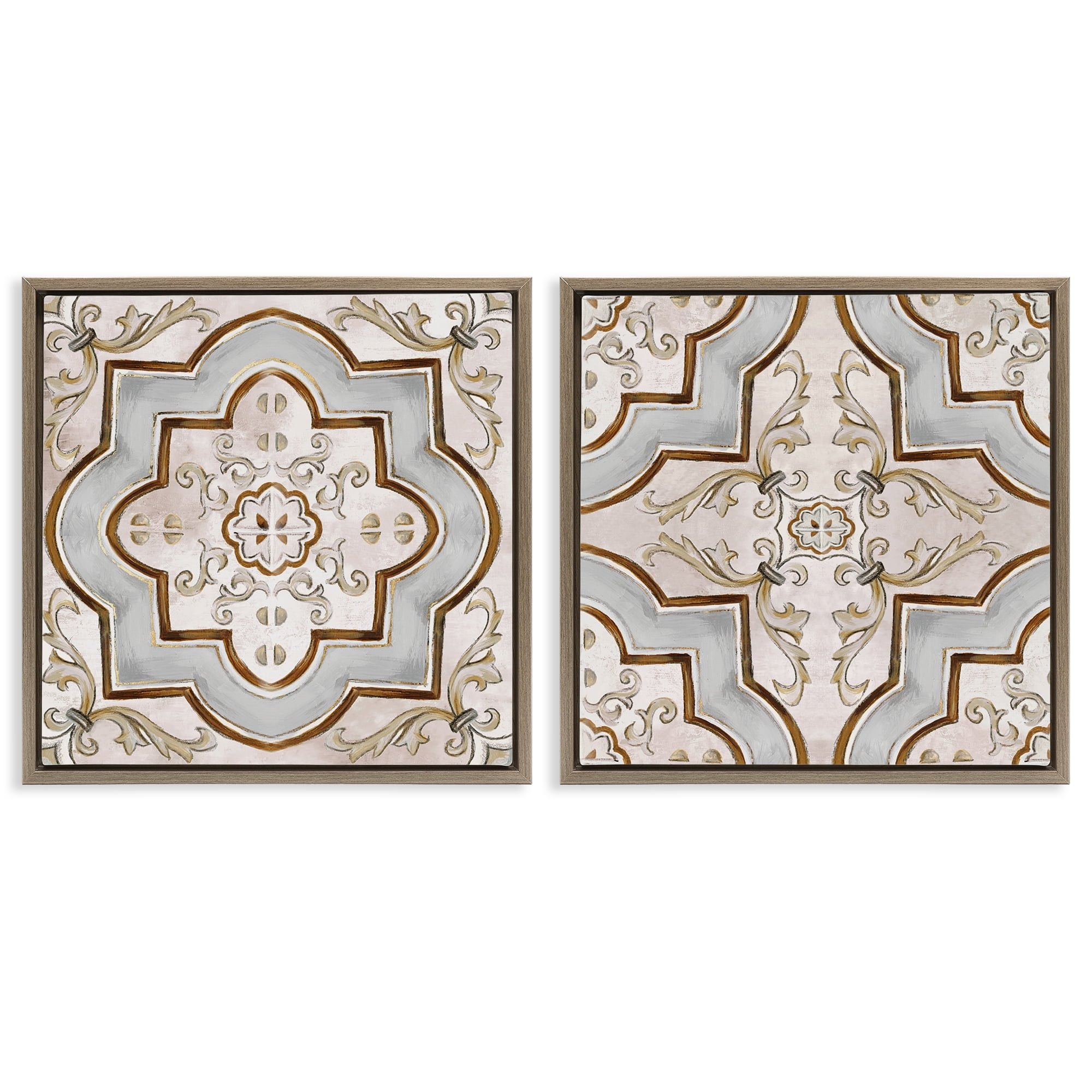 Stupell Industries Moroccan Tile in Neutrals Abstract Painting Brown Floater Framed Canvas Art Print Wall Art, 18 x 18, Set of 2