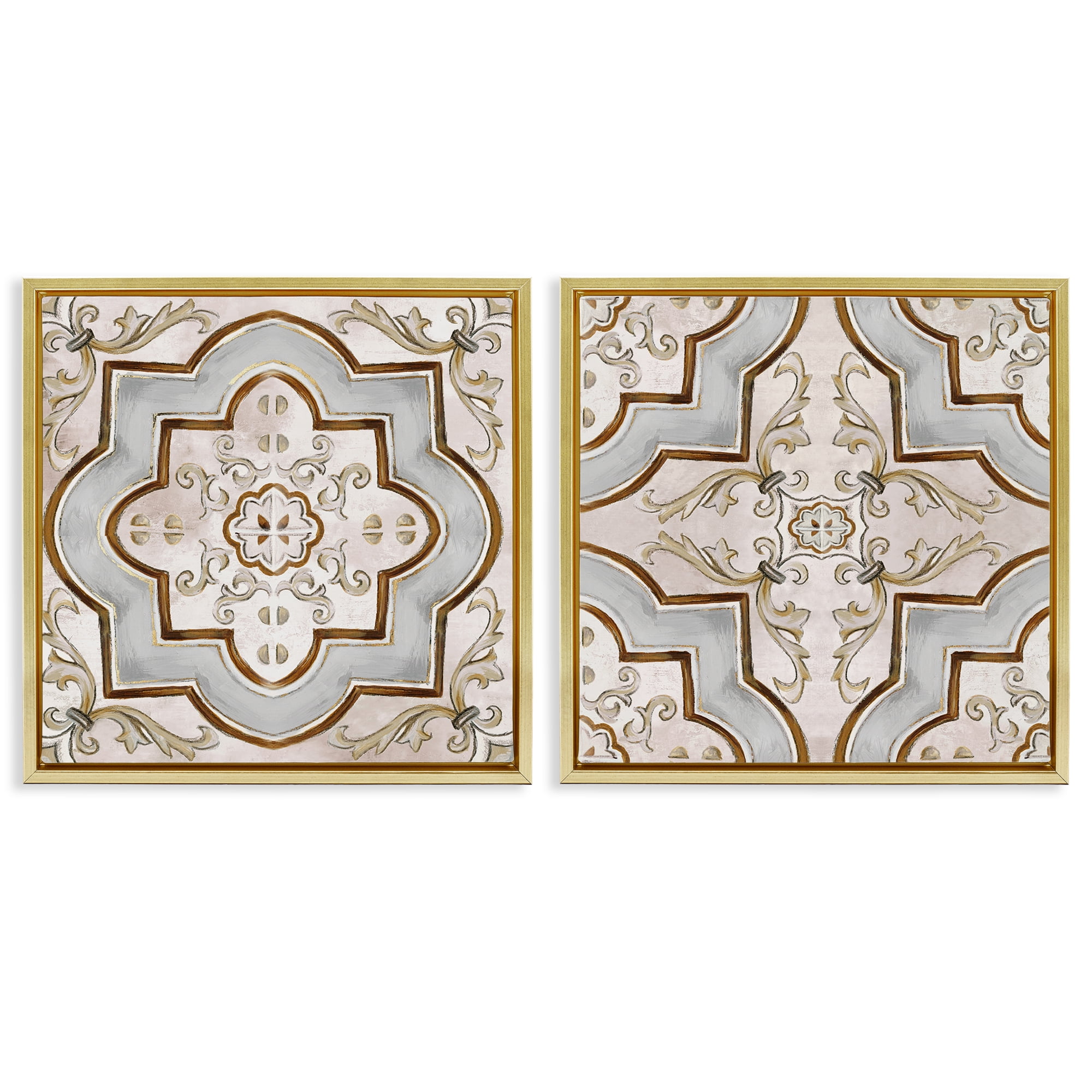 Stupell Industries Moroccan Tile in Neutrals Abstract Painting Gold Floater Framed Canvas Art Print Wall Art, 18 x 18, Set of 2