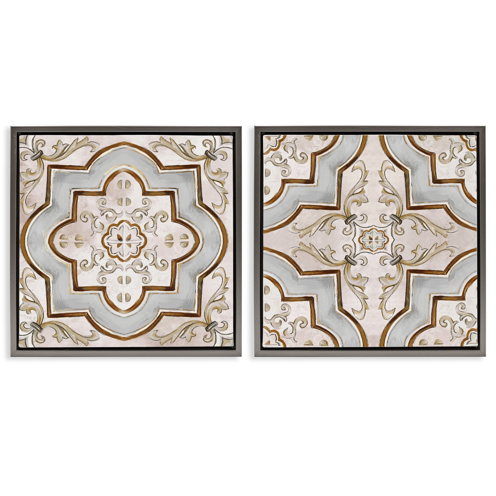 Stupell Industries Moroccan Tile in Neutrals Abstract Painting Gray Floater Framed Canvas Art Print Wall Art, 25 x 25, Set of 2