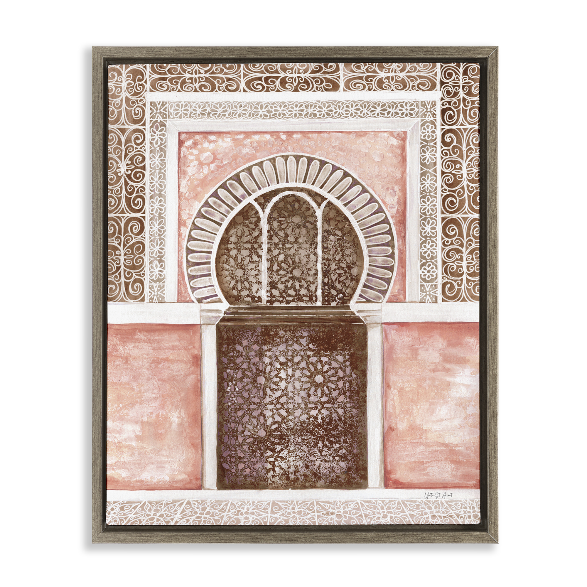 Stupell Industries Moroccan Tiled Alcove Buildings & Architecture Painting Brown Floater Framed Canvas Art Print Wall Art, 25 x 31