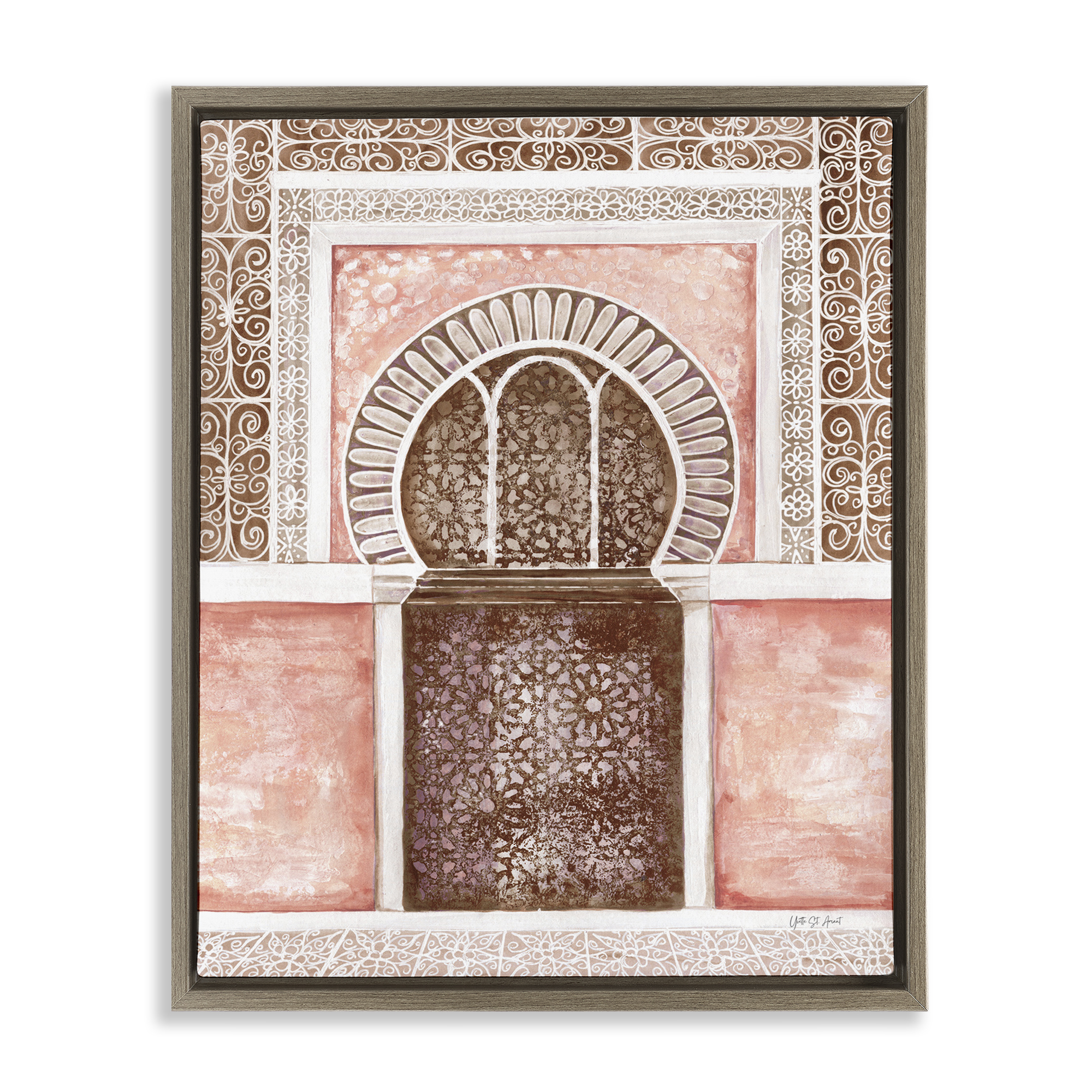 Stupell Industries Moroccan Tiled Alcove Town & City Painting Brown Floater Framed Art Print Wall Art, 17 x 21