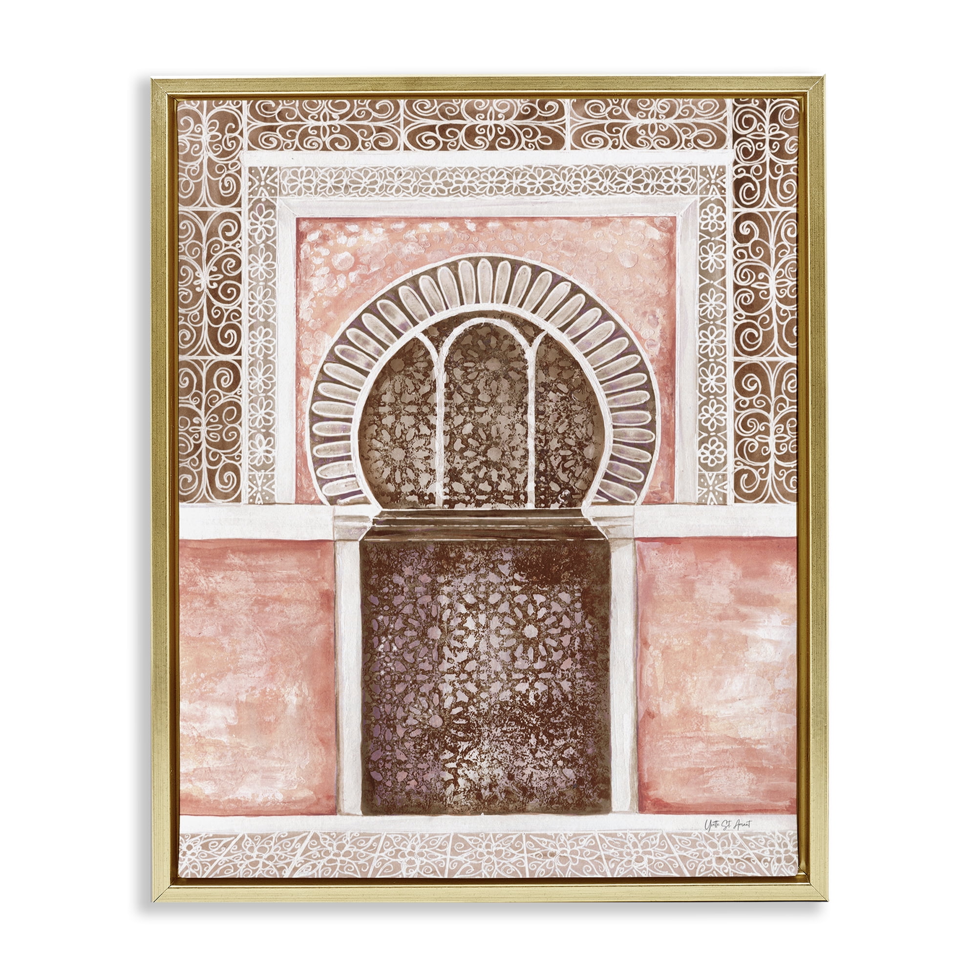 Stupell Industries Moroccan Tiled Alcove Town & City Painting Gold Floater Framed Art Print Wall Art, 17 x 21