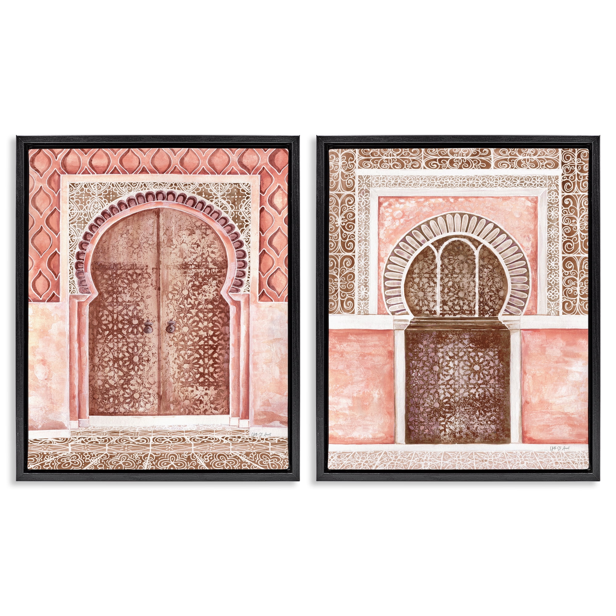 Stupell Industries Moroccan Tiled Alcoves Buildings & Architecture Painting Black Floater Framed Canvas Art Print Wall Art, 17 x 21, Set of 2