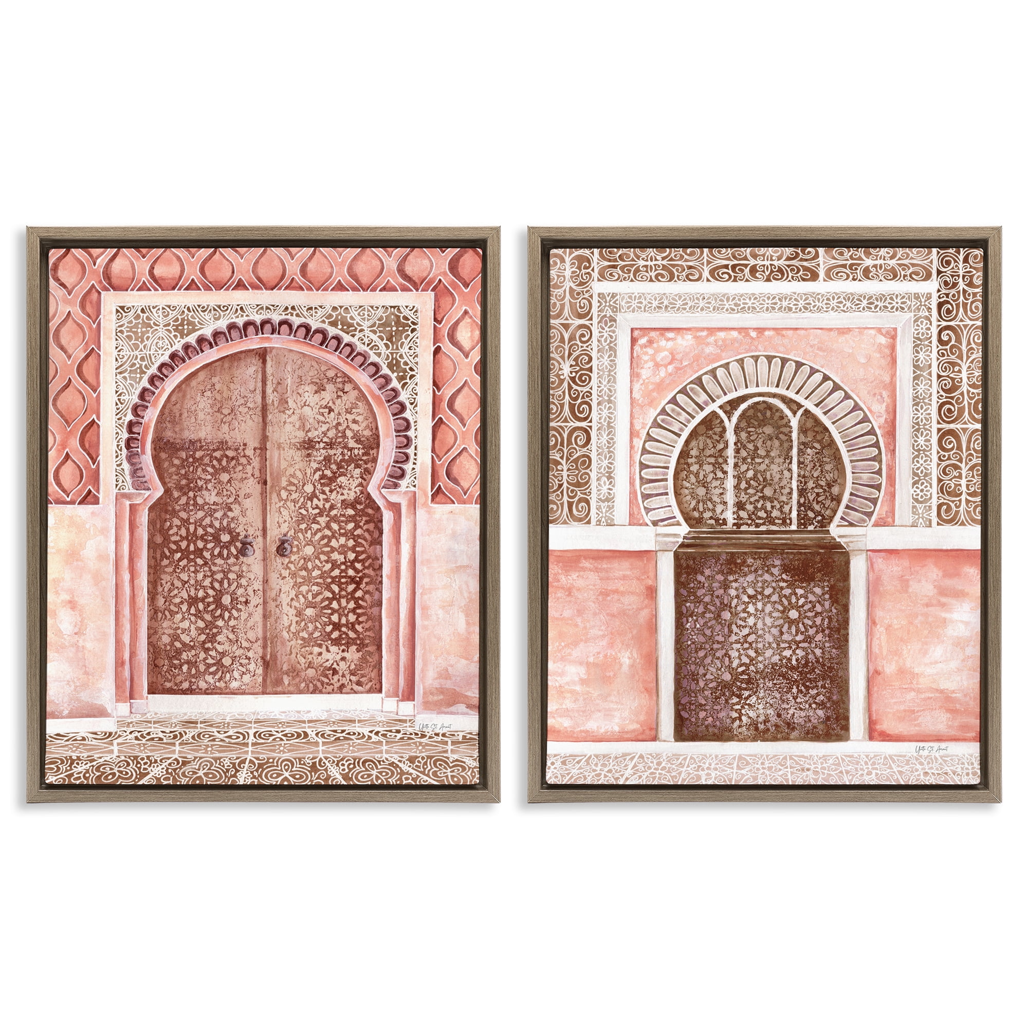 Stupell Industries Moroccan Tiled Alcoves Buildings & Architecture Painting Brown Floater Framed Canvas Art Print Wall Art, 17 x 21, Set of 2