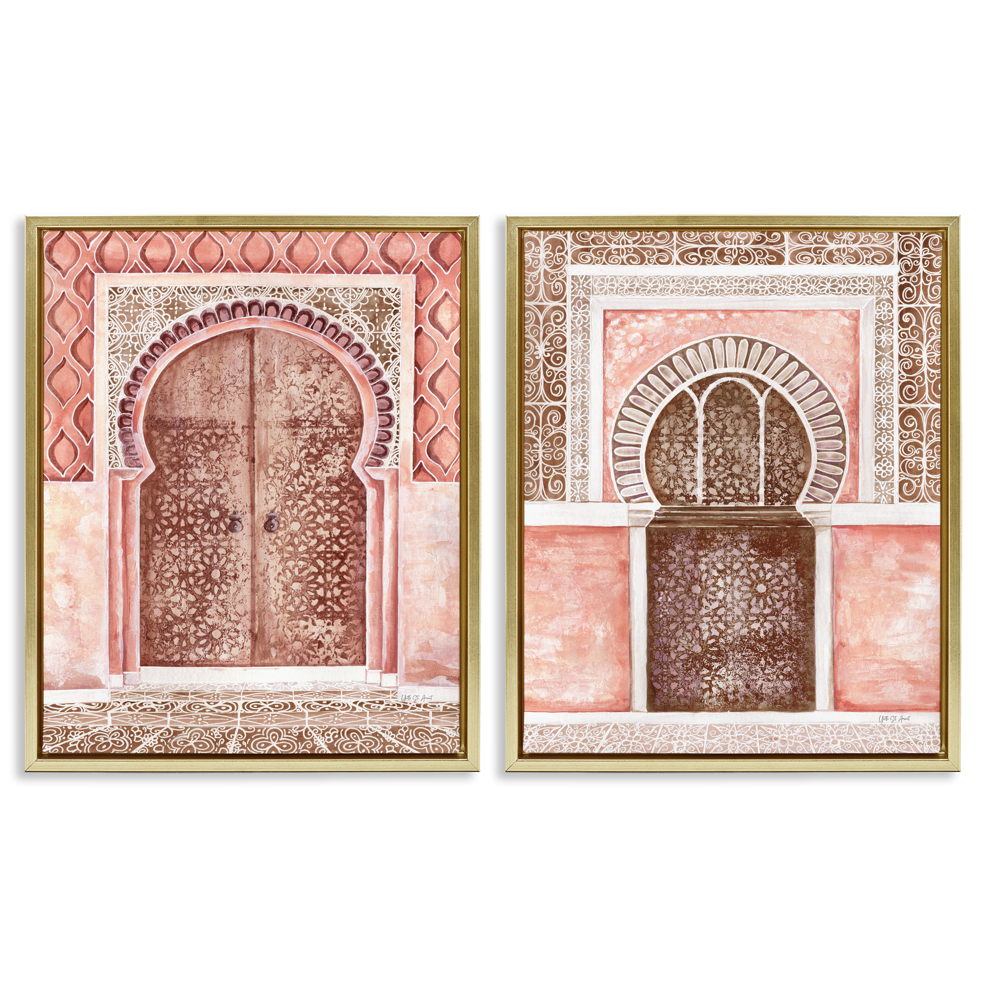 Stupell Industries Moroccan Tiled Alcoves Buildings & Architecture Painting Gold Floater Framed Canvas Art Print Wall Art, 17 x 21, Set of 2