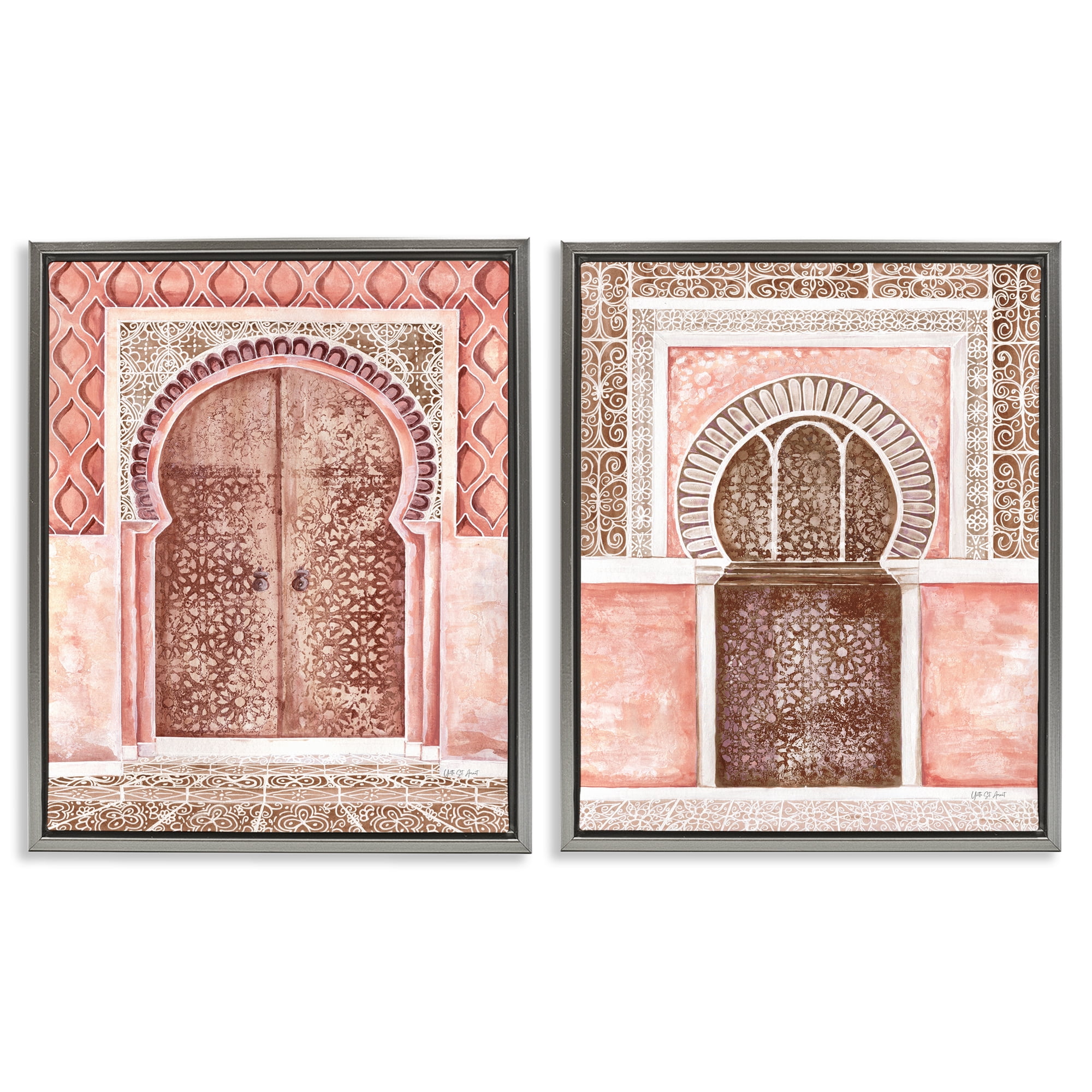 Stupell Industries Moroccan Tiled Alcoves Buildings & Architecture Painting Gray Floater Framed Canvas Art Print Wall Art, 17 x 21, Set of 2