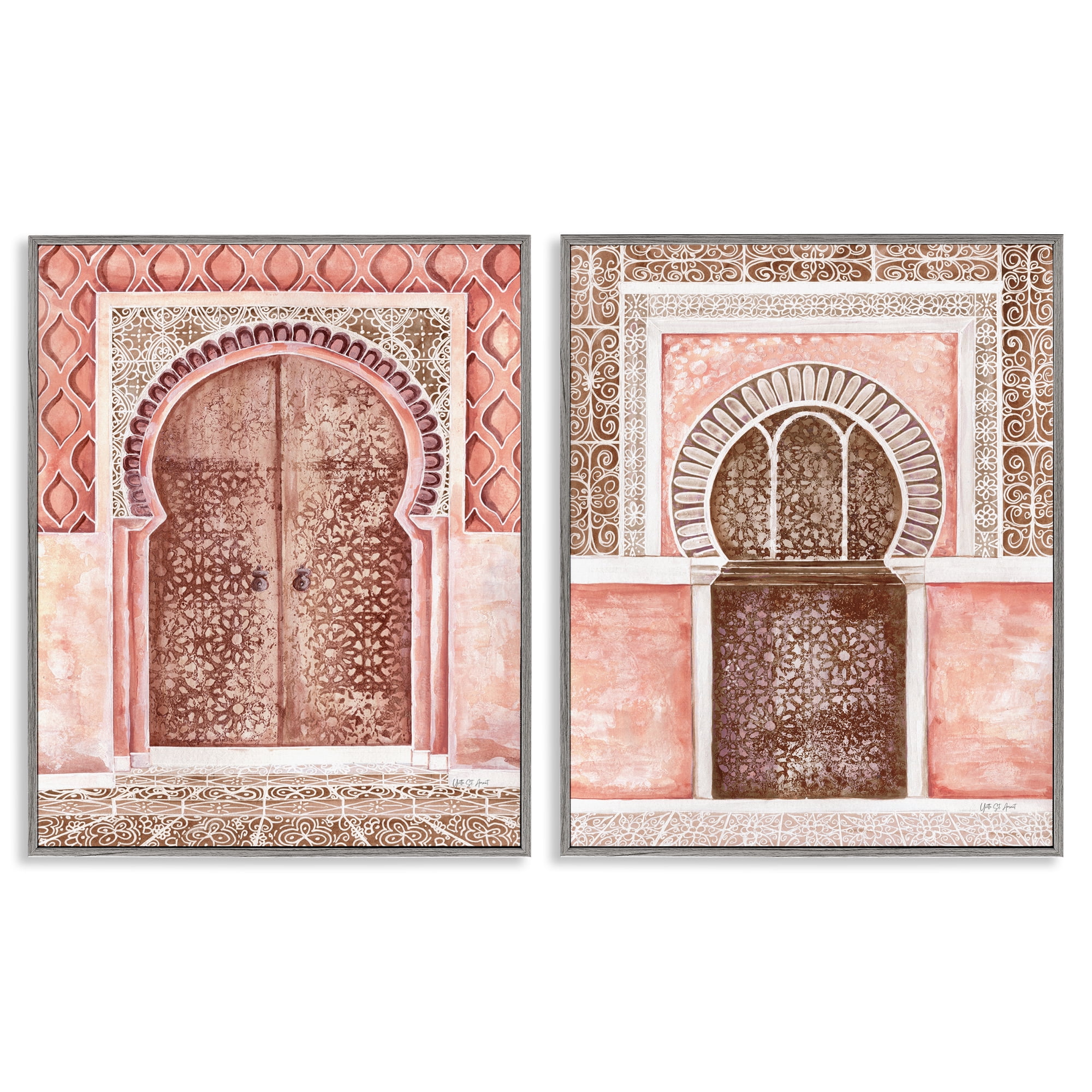 Stupell Industries Moroccan Tiled Alcoves Buildings & Architecture Painting Gray Framed Art Print Wall Art, 11 x 14, Set of 2