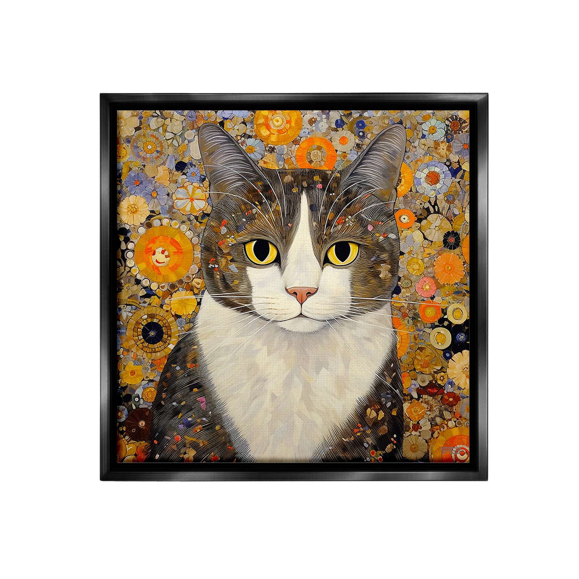 Stupell Industries Mosaic Pattered Cat Animals & Insects Painting Black Floater Framed Canvas Art Print Wall Art, 18 x 18