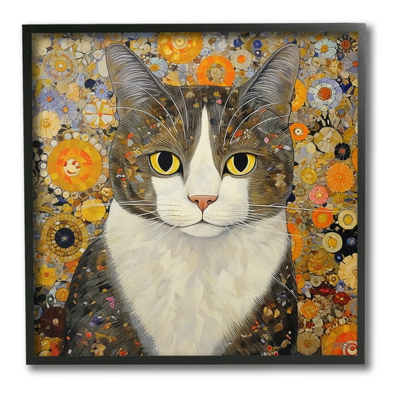 Stupell Industries Mosaic Pattered Cat Animals & Insects Painting Black Framed Art Print Wall Art, 12 x 12