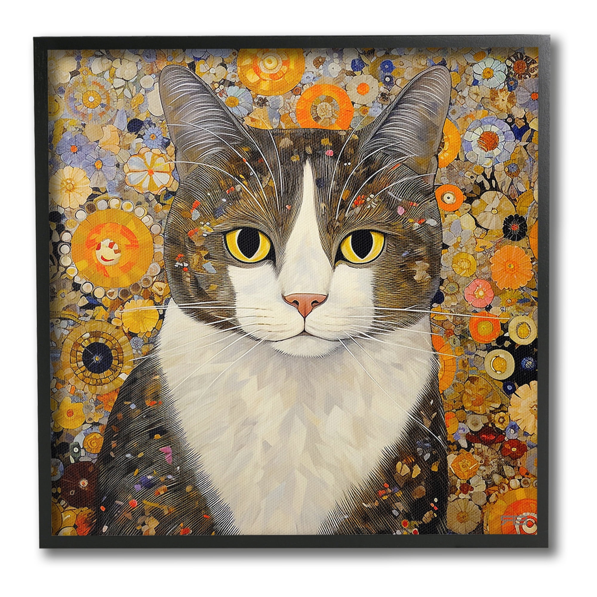 Stupell Industries Mosaic Pattered Cat Animals & Insects Painting Black Framed Art Print Wall Art, 24 x 24