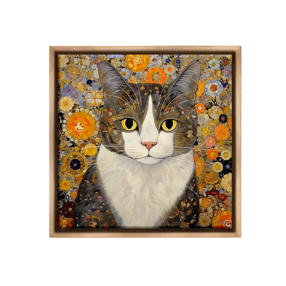 Stupell Industries Mosaic Pattered Cat Animals & Insects Painting Brown Floater Framed Canvas Art Print Wall Art, 25 x 25