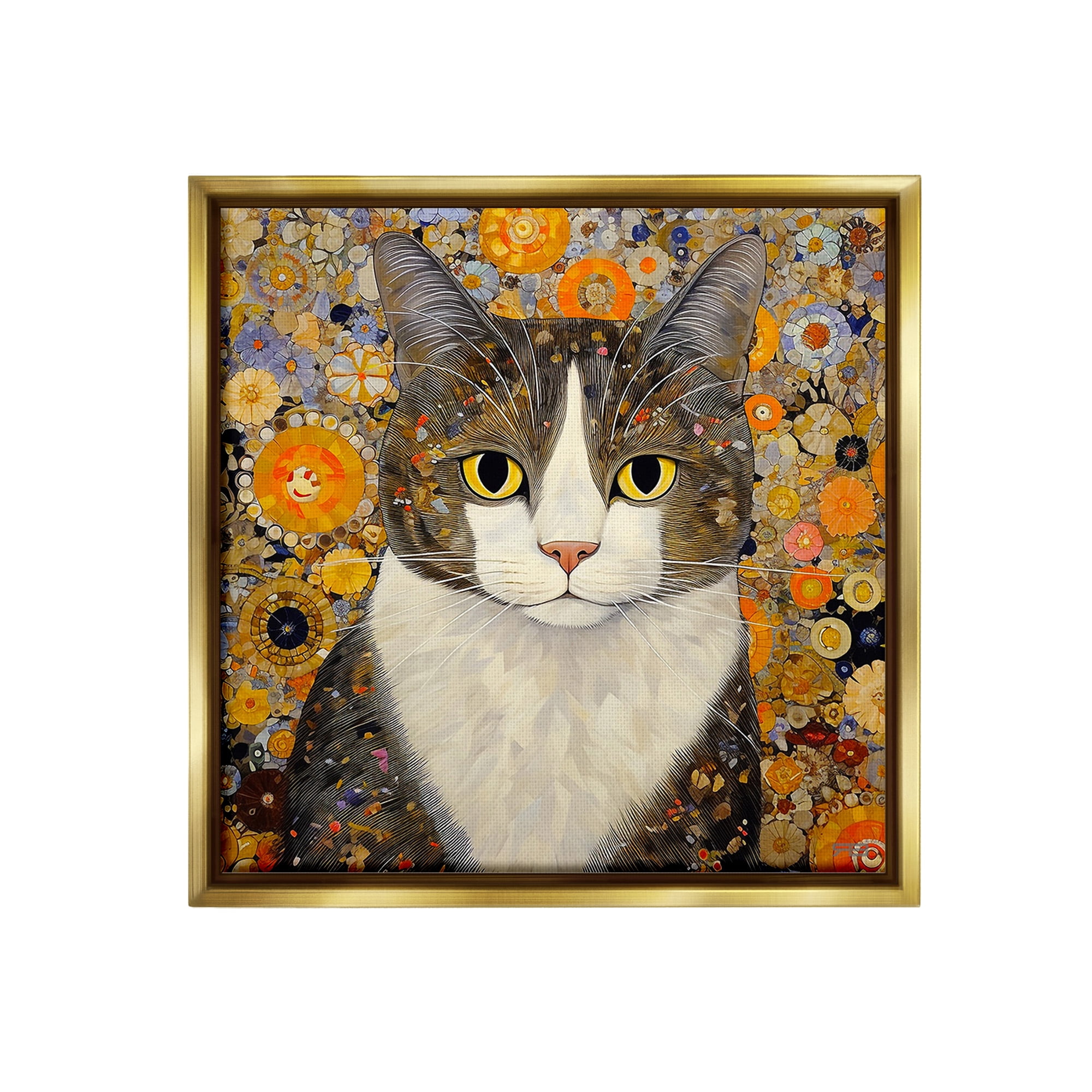 Stupell Industries Mosaic Pattered Cat Animals & Insects Painting Gold Floater Framed Canvas Art Print Wall Art, 18 x 18