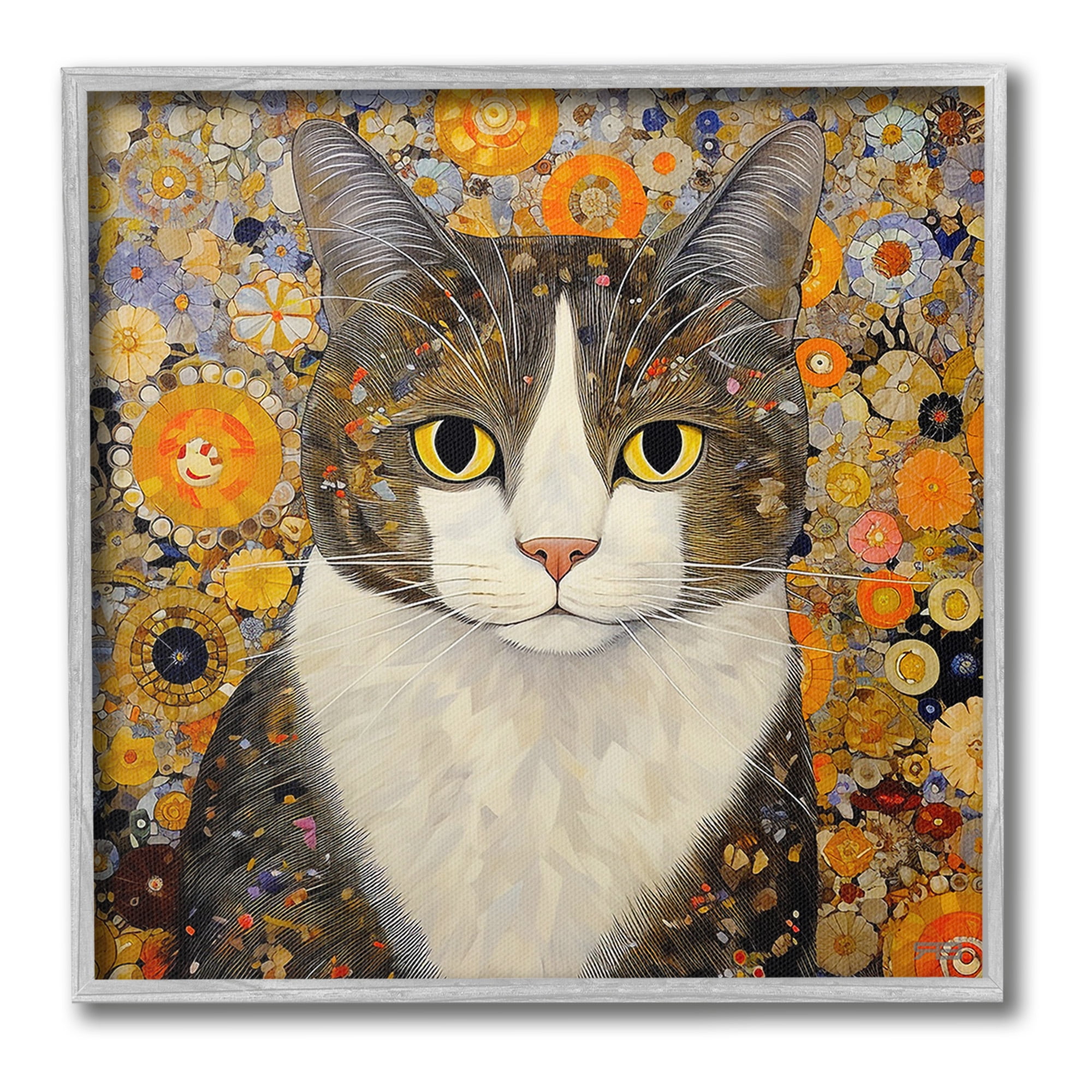 Stupell Industries Mosaic Pattered Cat Animals & Insects Painting Gray Framed Art Print Wall Art, 17 x 17