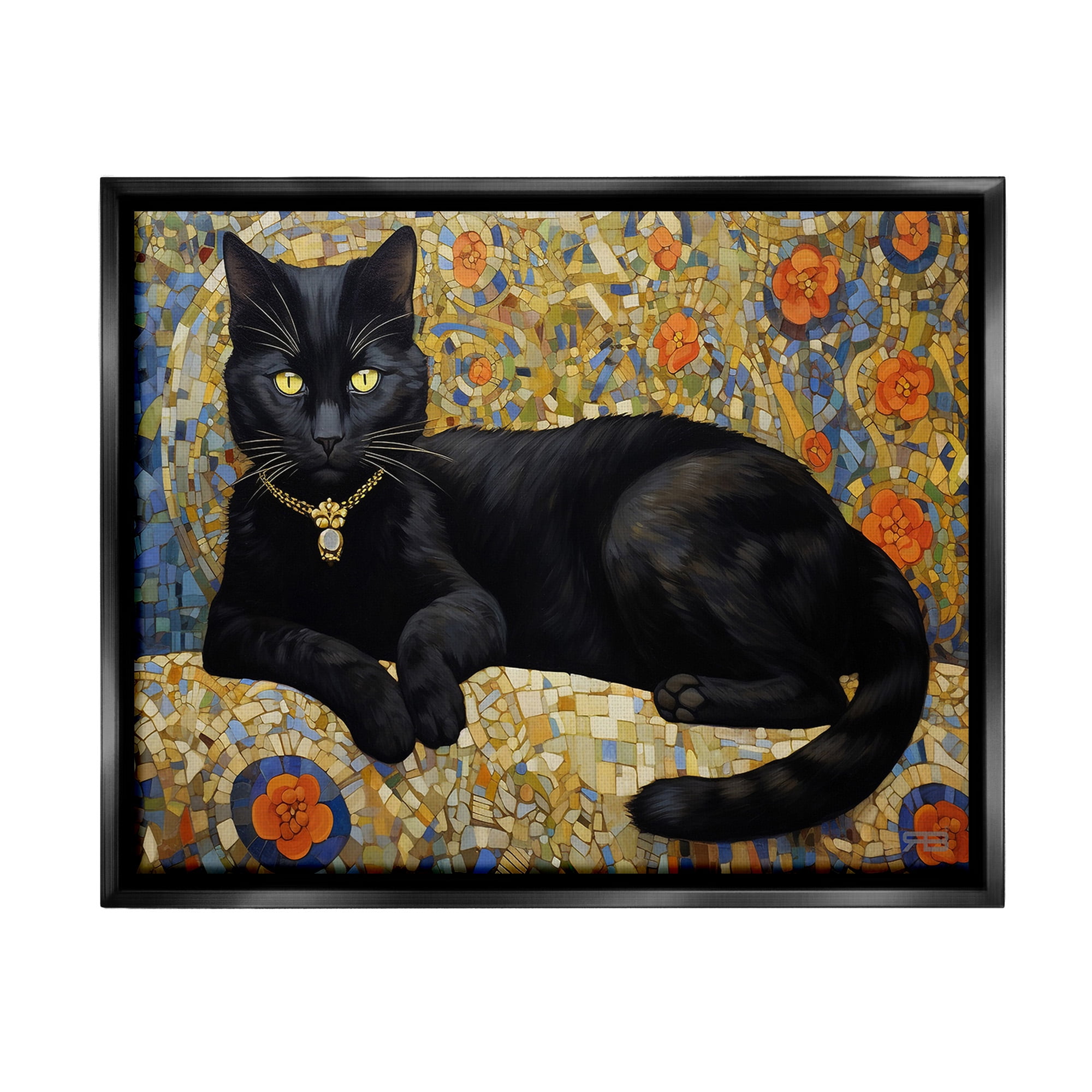 Stupell Industries Mosaic Patterned Cat Animals & Insects Painting Black Floater Framed Canvas Art Print Wall Art, 21 x 17