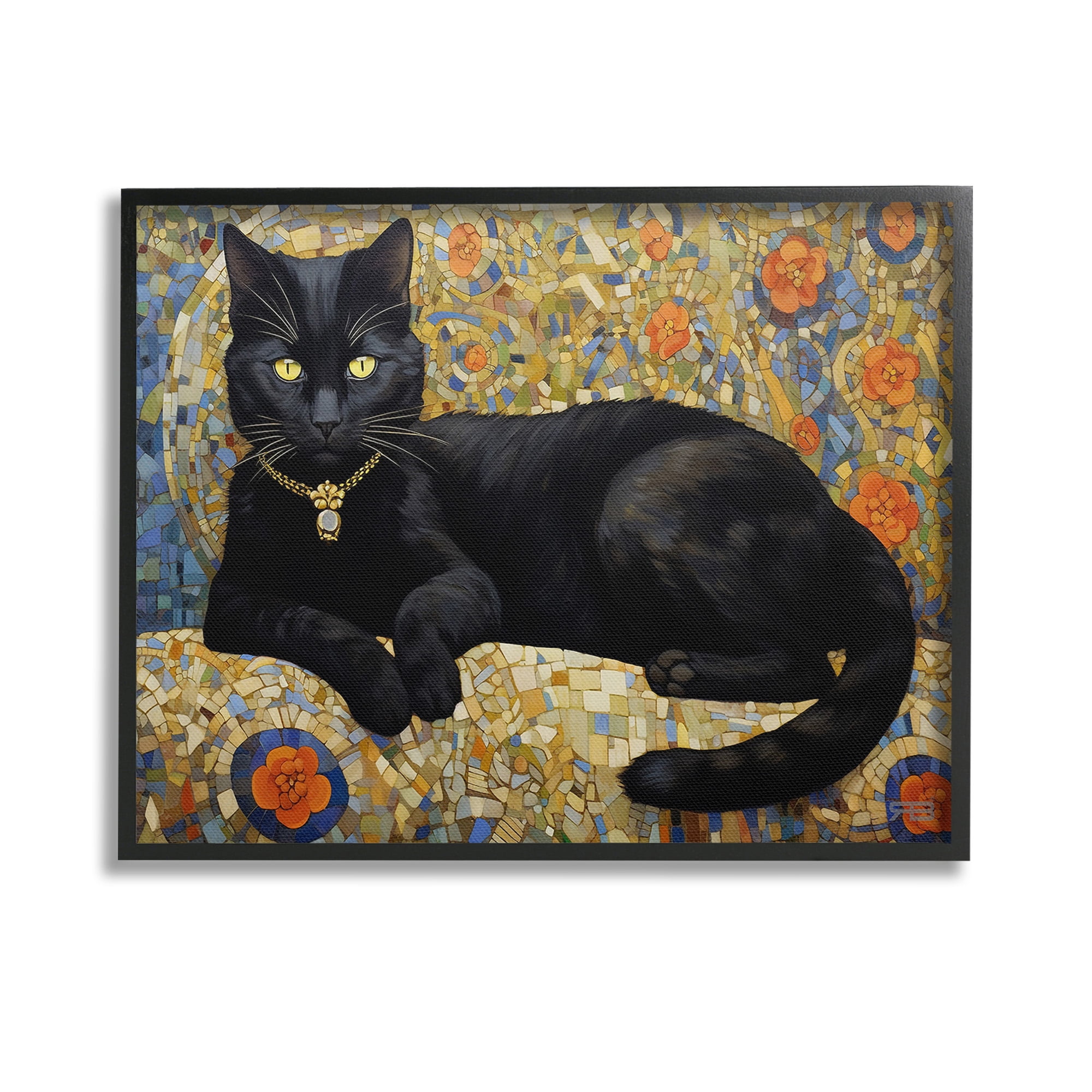 Stupell Industries Mosaic Patterned Cat Animals & Insects Painting Black Framed Art Print Wall Art, 14 x 11