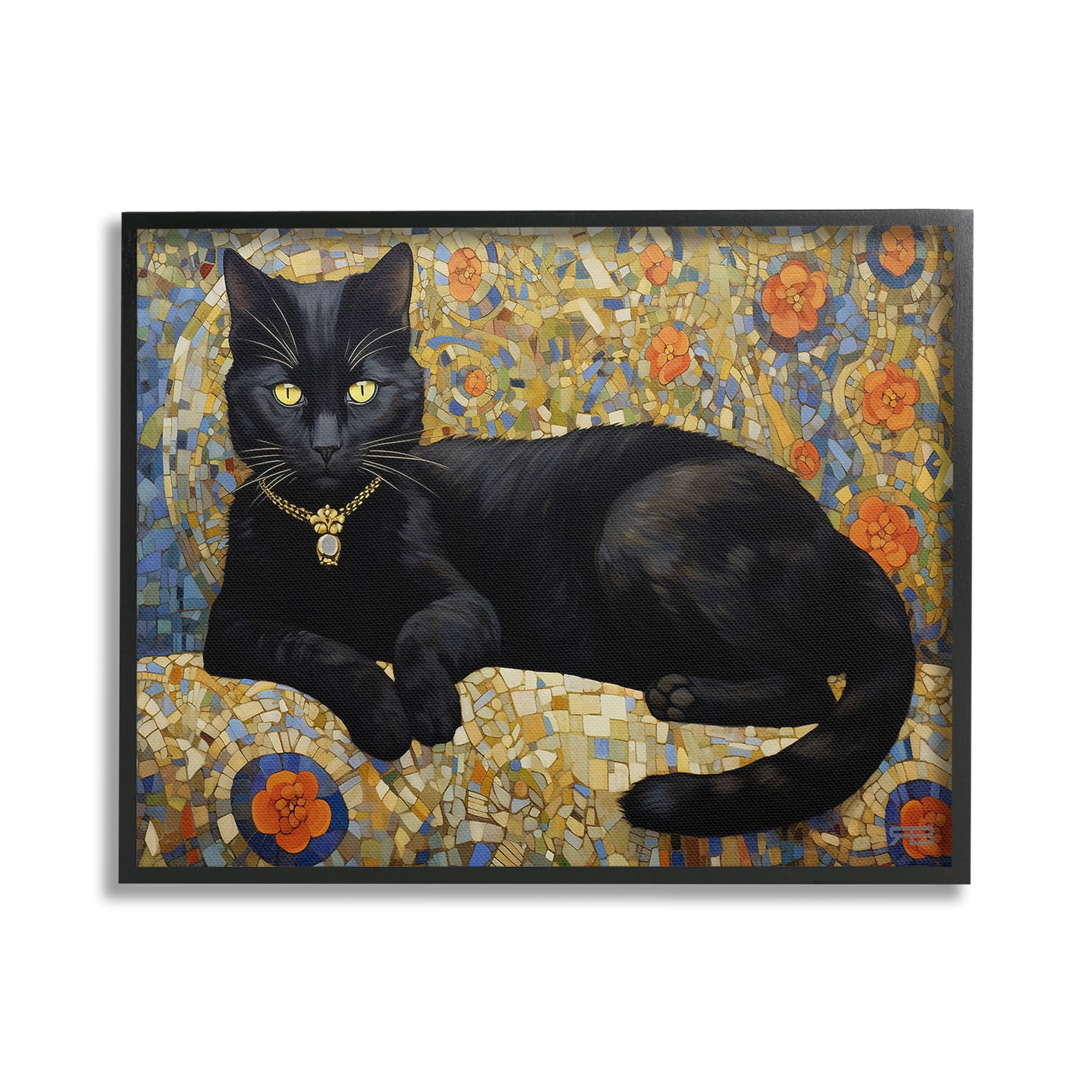 Stupell Industries Mosaic Patterned Cat Animals & Insects Painting Black Framed Art Print Wall Art, 30 x 24