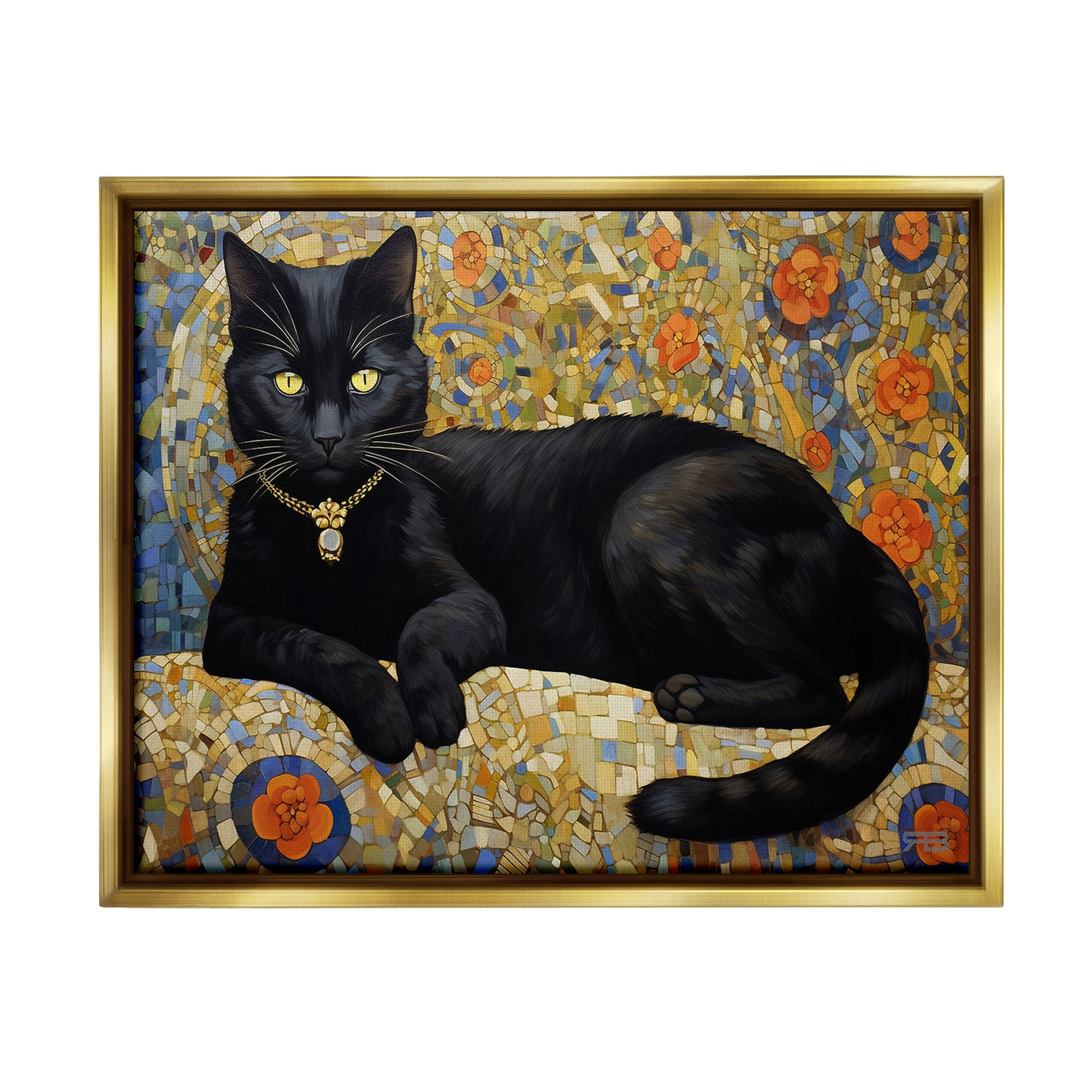 Stupell Industries Mosaic Patterned Cat Animals & Insects Painting Gold Floater Framed Canvas Art Print Wall Art, 31 x 25
