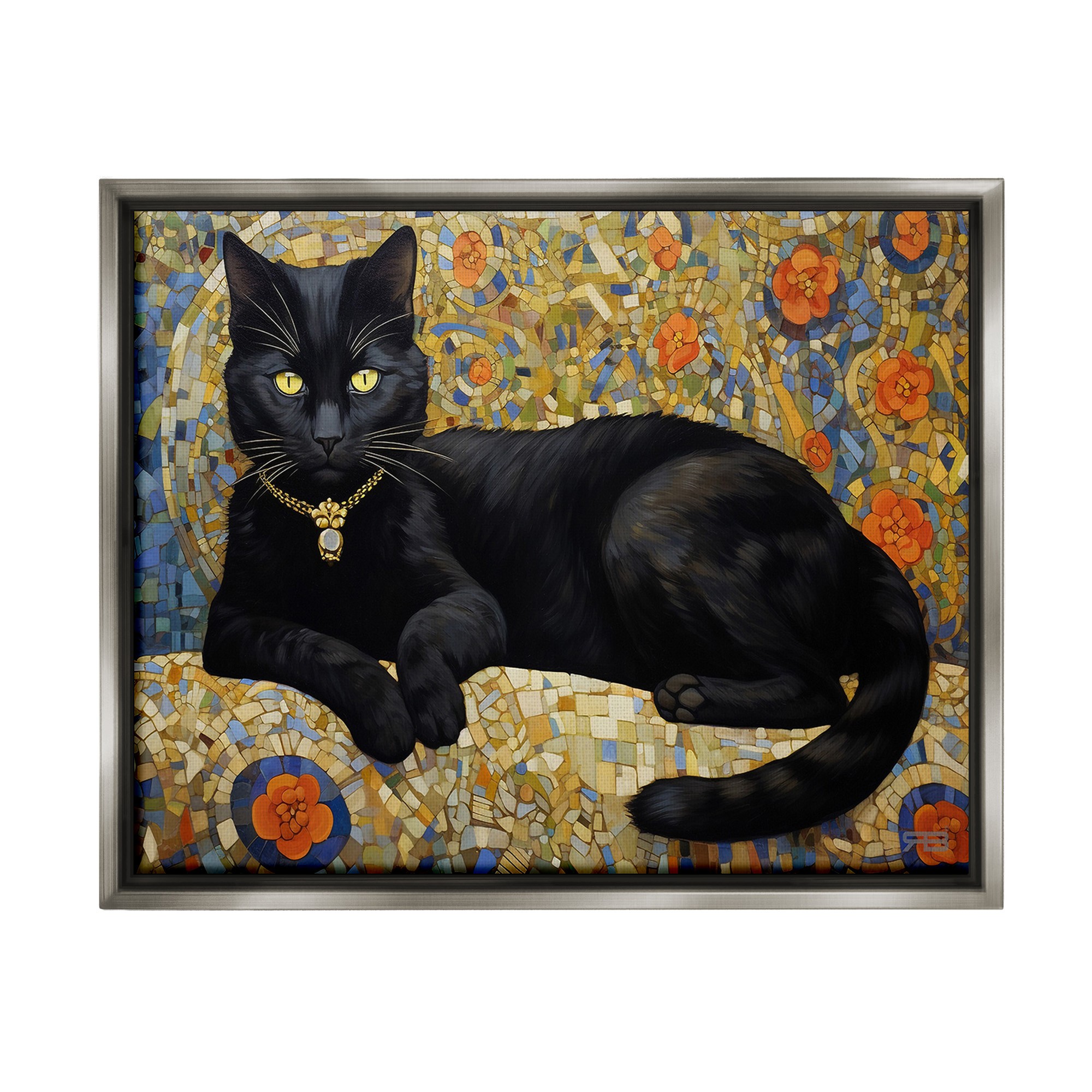 Stupell Industries Mosaic Patterned Cat Animals & Insects Painting Gray Floater Framed Canvas Art Print Wall Art, 21 x 17