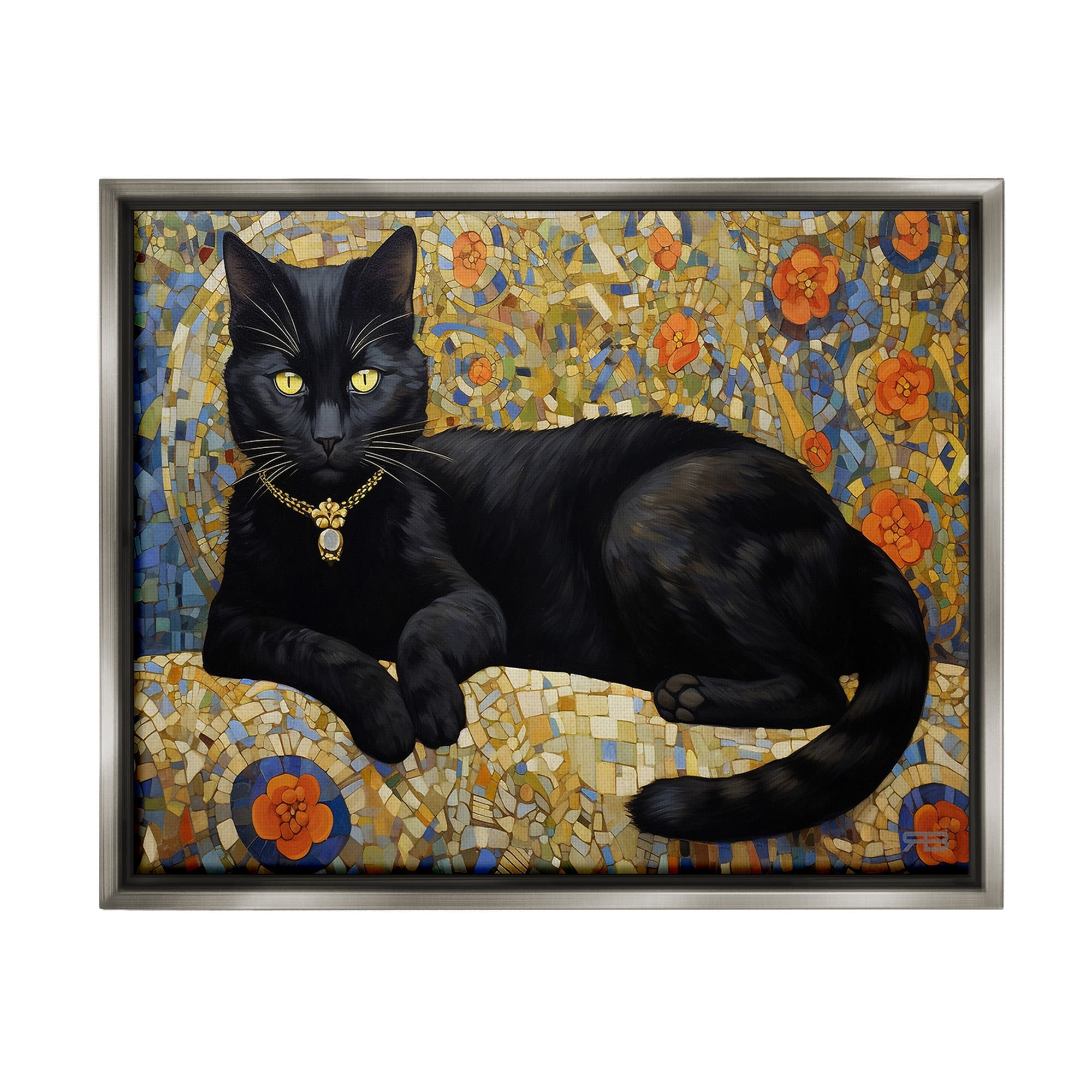 Stupell Industries Mosaic Patterned Cat Animals & Insects Painting Gray Floater Framed Canvas Art Print Wall Art, 31 x 25