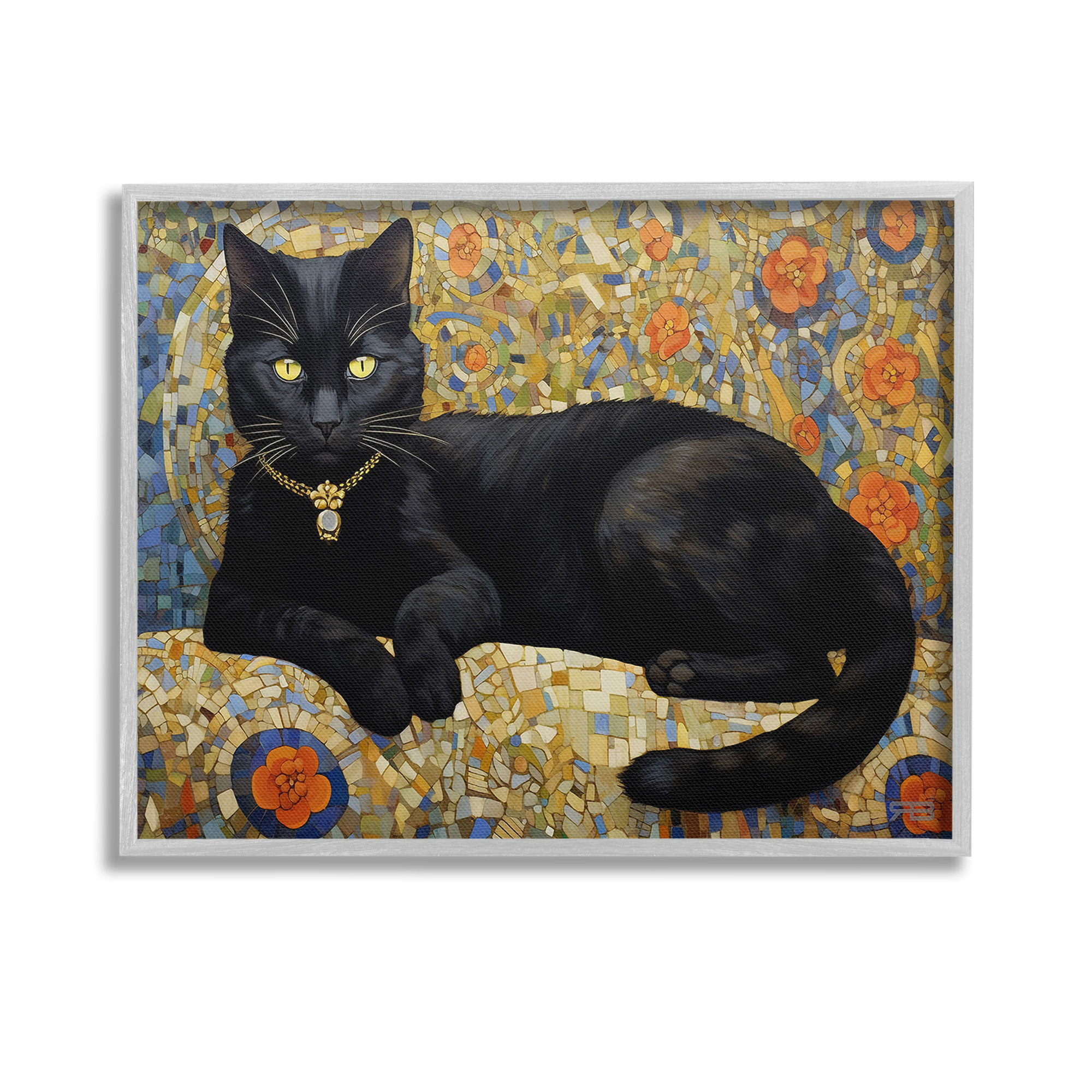 Stupell Industries Mosaic Patterned Cat Animals & Insects Painting Gray Framed Art Print Wall Art, 14 x 11