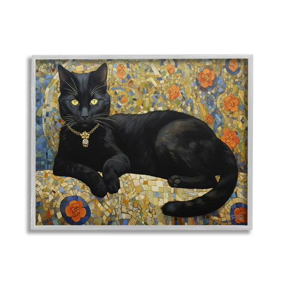 Stupell Industries Mosaic Patterned Cat Animals & Insects Painting Gray Framed Art Print Wall Art, 20 x 16