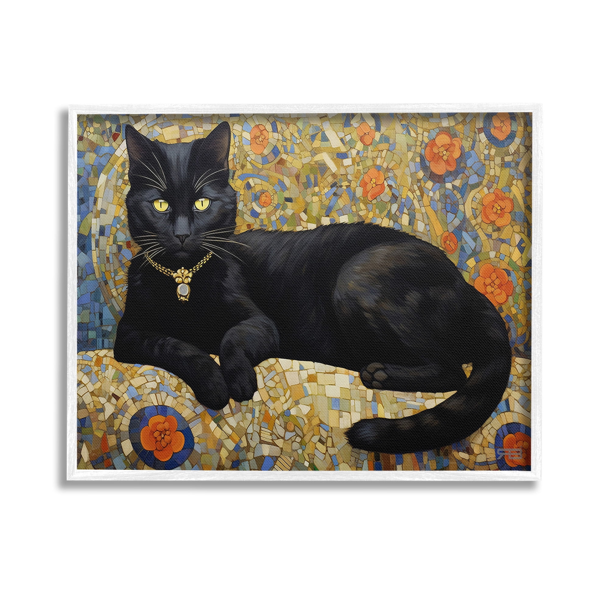 Stupell Industries Mosaic Patterned Cat Animals & Insects Painting White Framed Art Print Wall Art, 14 x 11