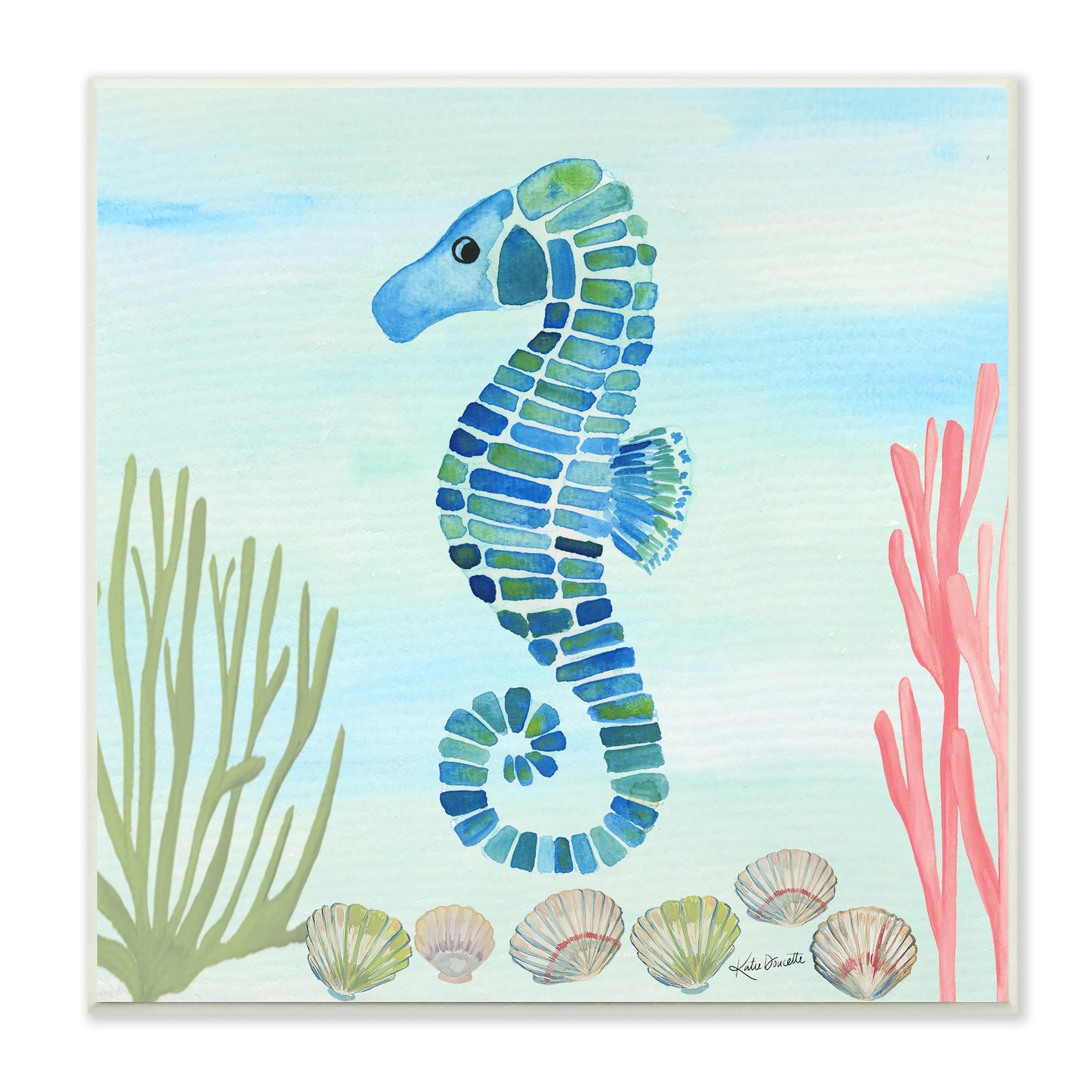 Stupell Industries Mosaic Seahorse Clam Seashells Ocean Floor Reef Wood Wall Art, 12 x 12, Design by Katie Doucette