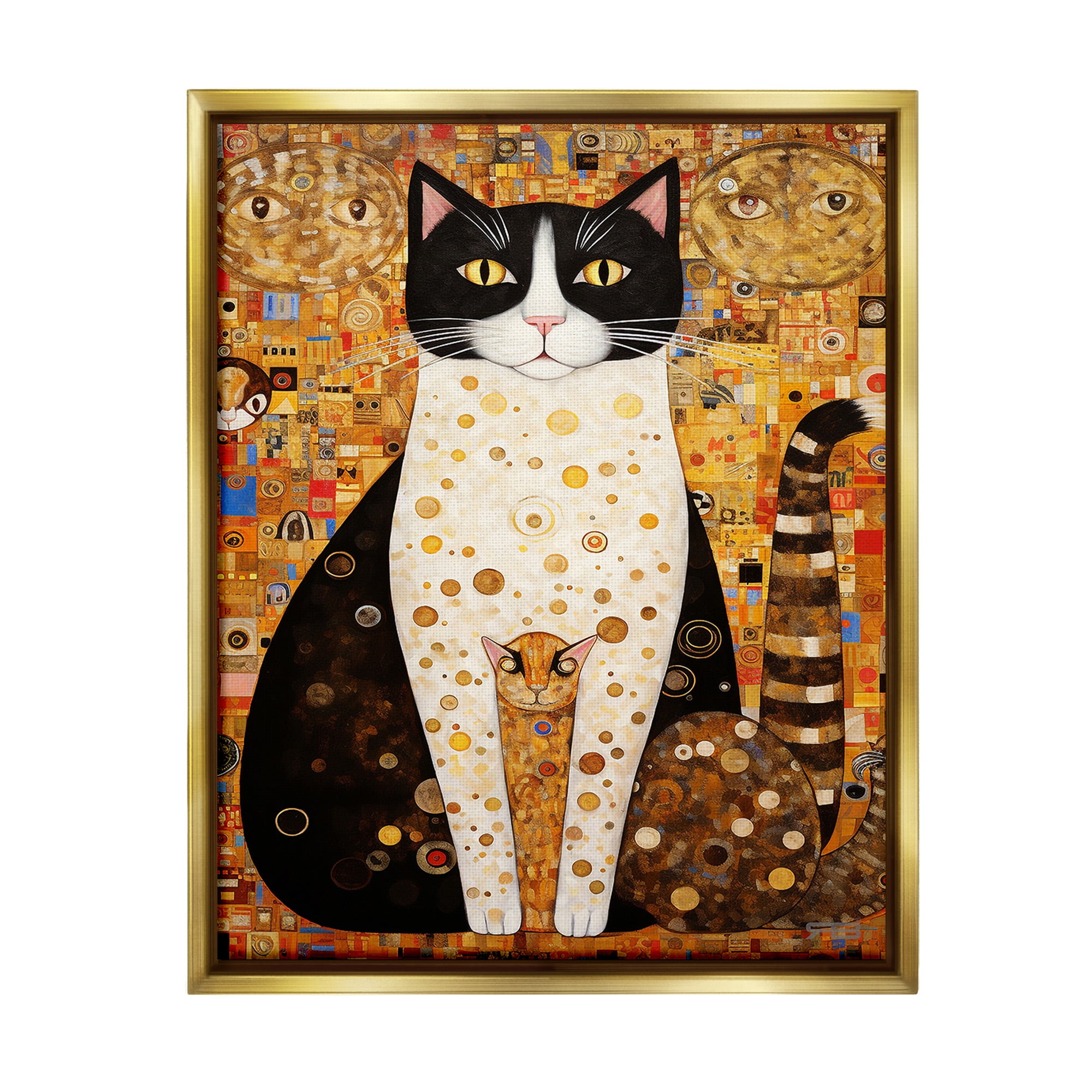 Stupell Industries Mosaic Style Cats Pattern Animals & Insects Painting Gold Floater Framed Canvas Art Print Wall Art, 17 x 21