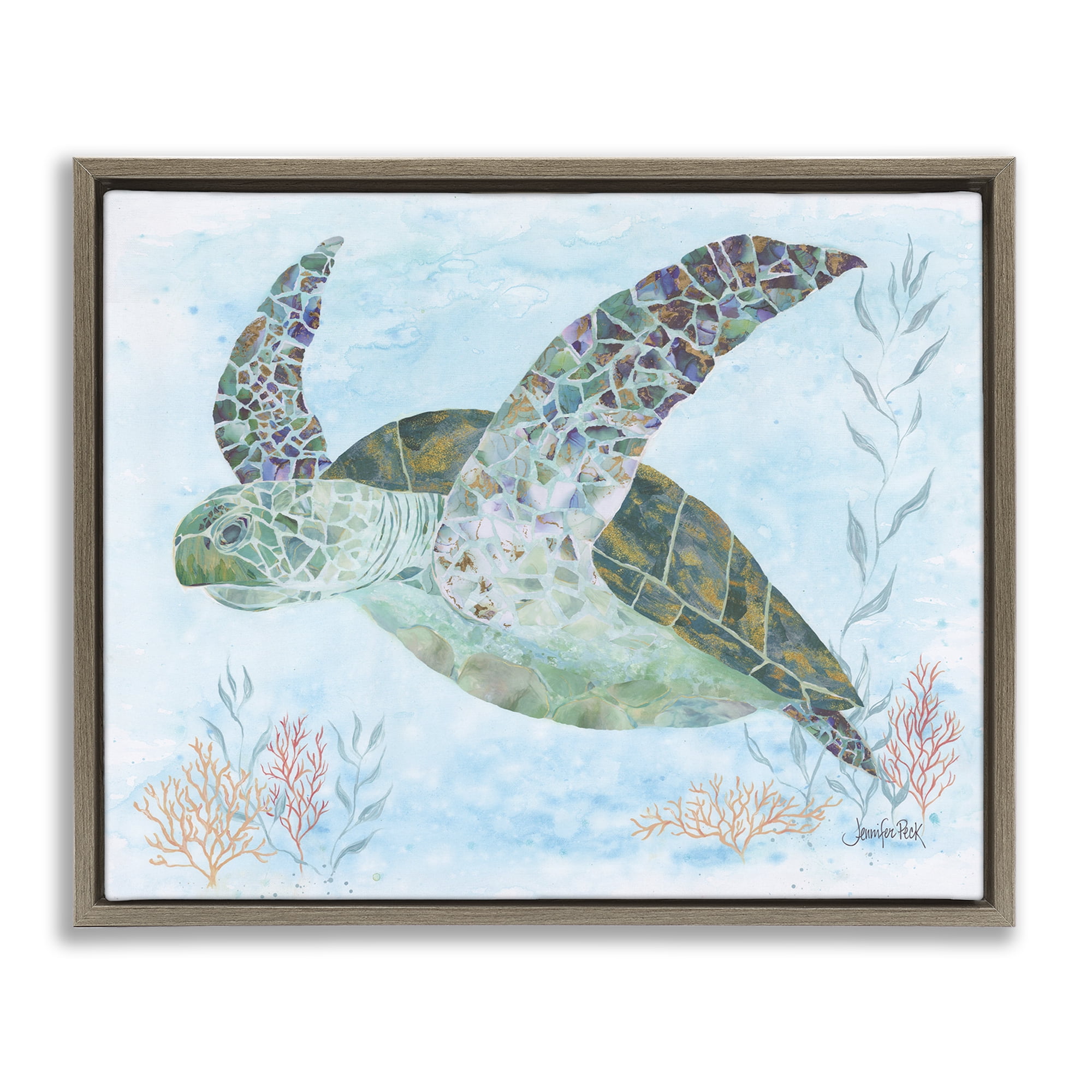 Stupell Industries Mosaic Tortoise Underwater Animals & Insects Painting Brown Floater Framed Canvas Art Print Wall Art, 21 x 17