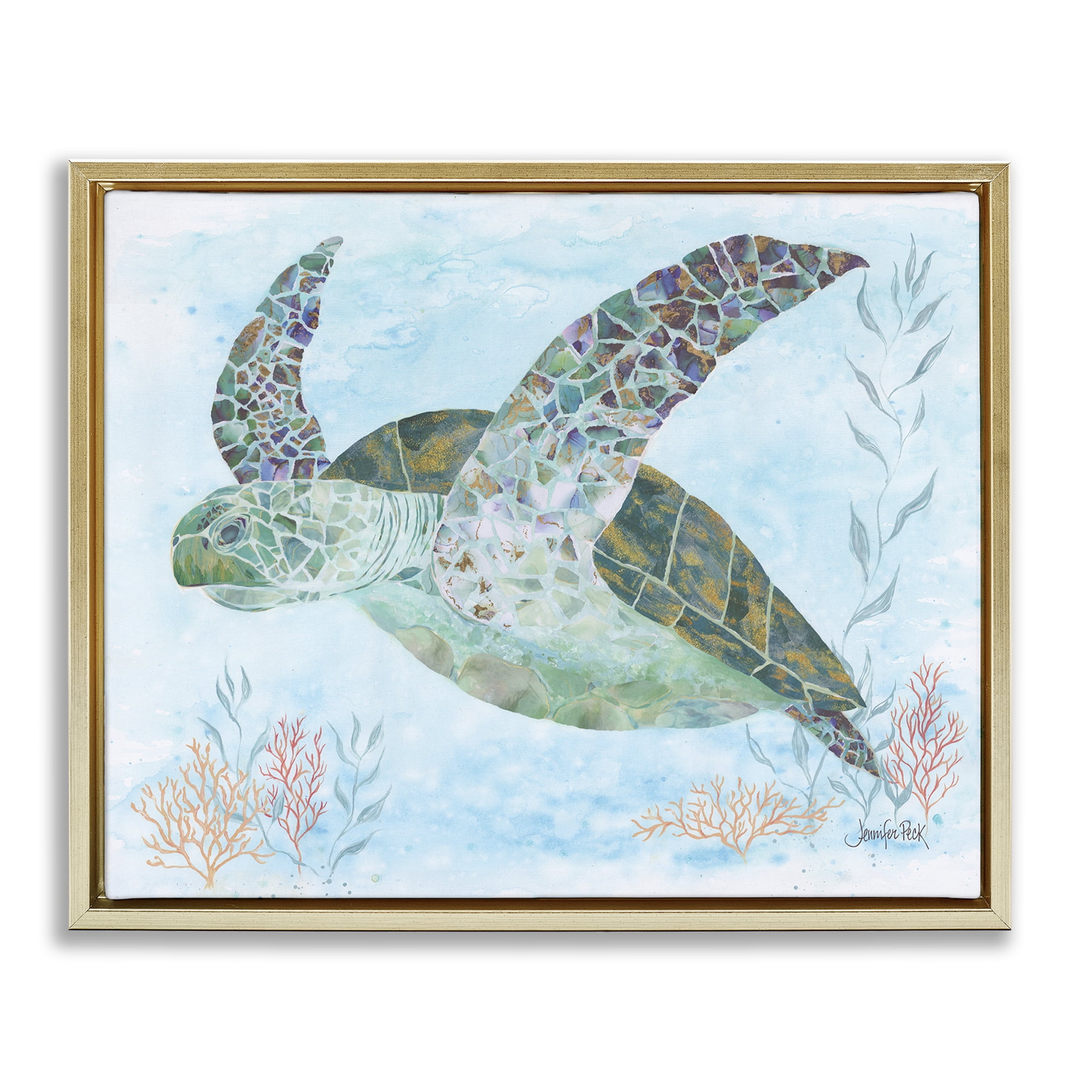 Stupell Industries Mosaic Tortoise Underwater Animals & Insects Painting Gold Floater Framed Canvas Art Print Wall Art, 21 x 17